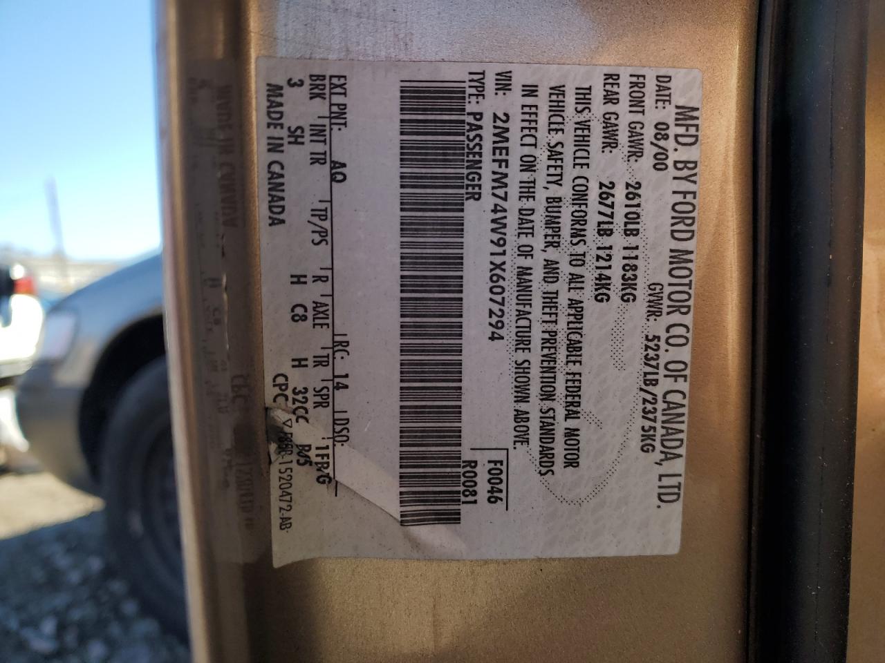 2001 Mercury Grand Marquis Gs Gold vin: 2MEFM74W91X607294