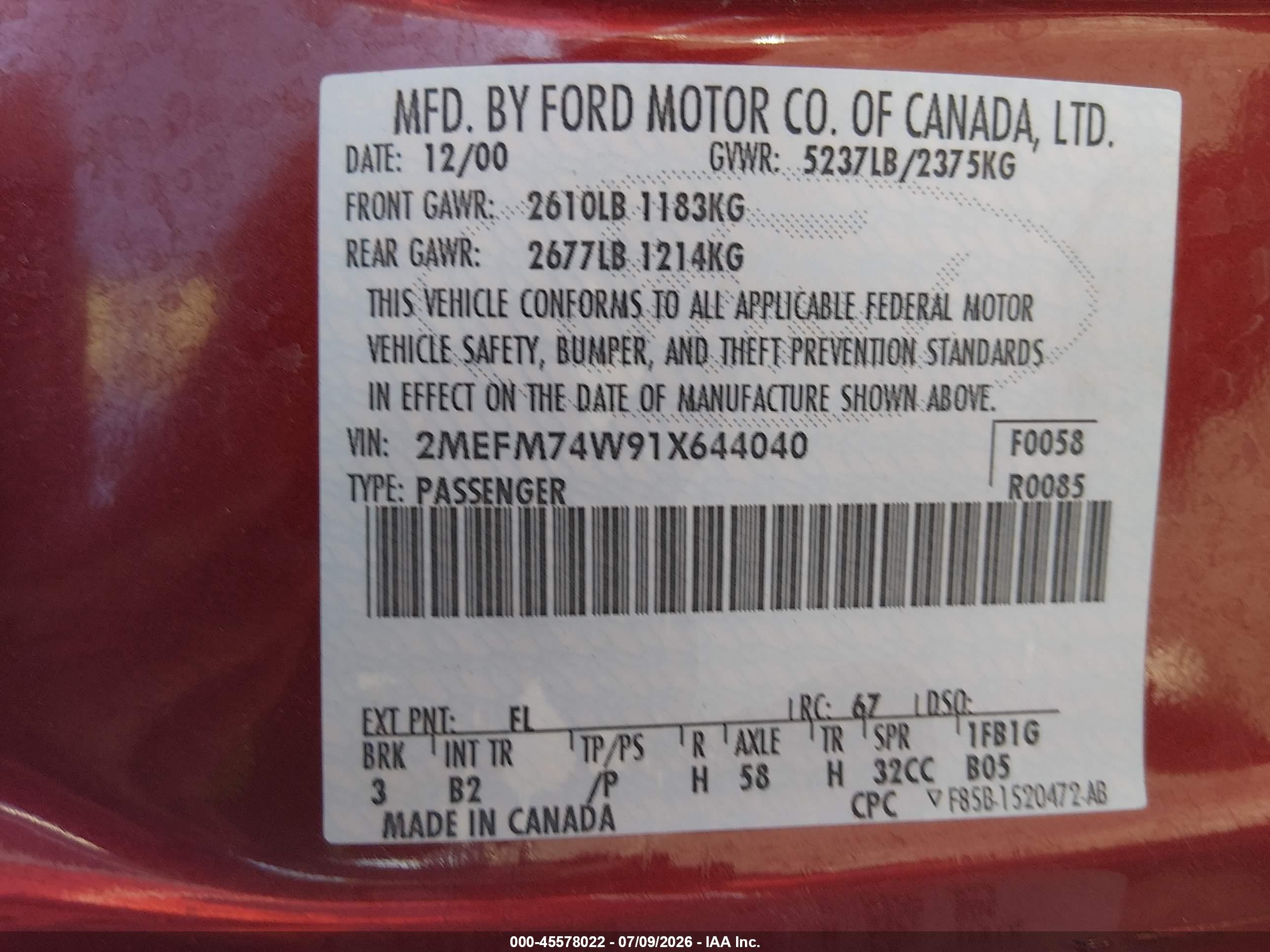 2001 Mercury Grand Marquis Gs Red vin: 2MEFM74W91X644040