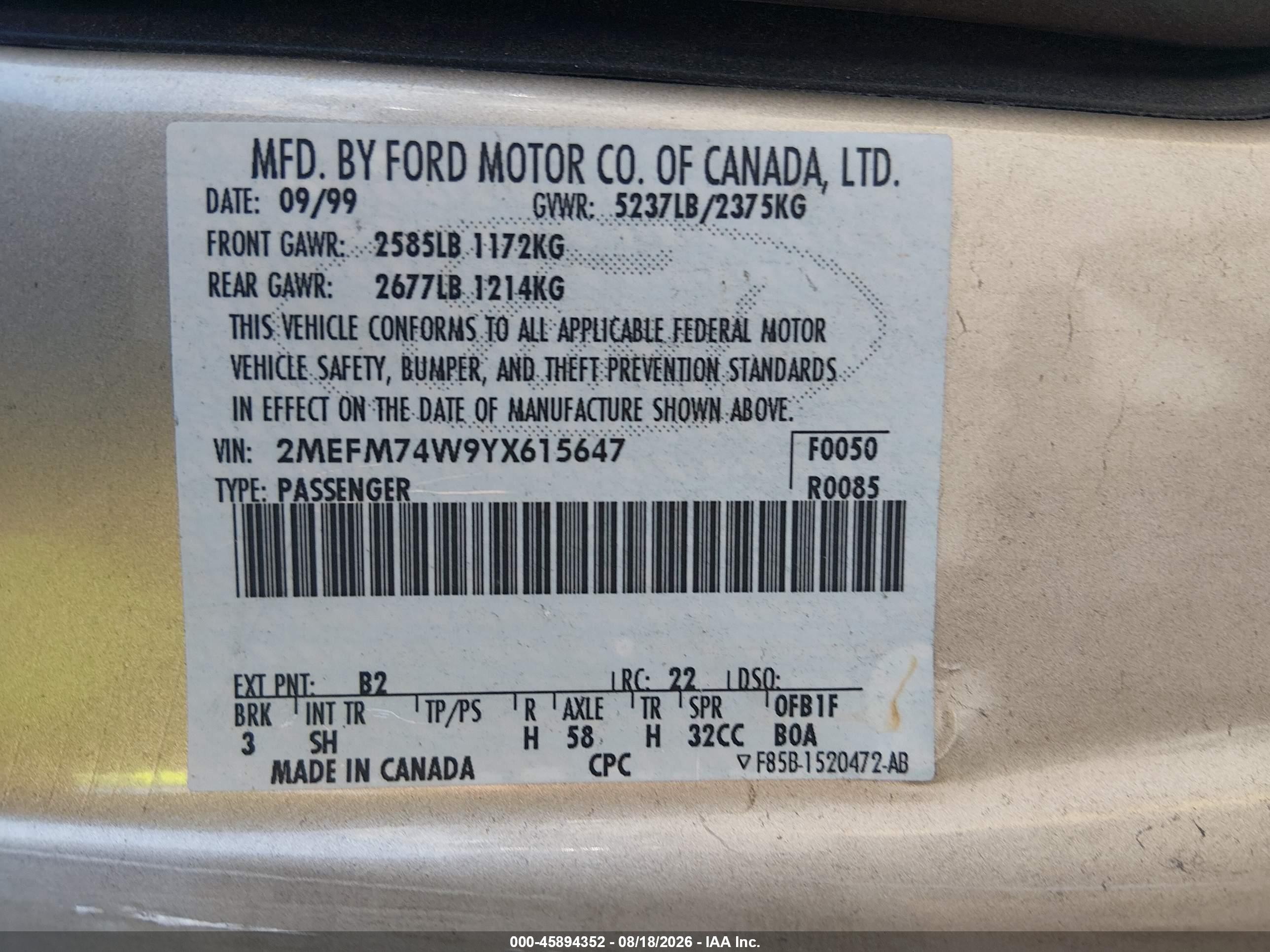 2000 Mercury Grand Marquis Gs Gold vin: 2MEFM74W9YX615647
