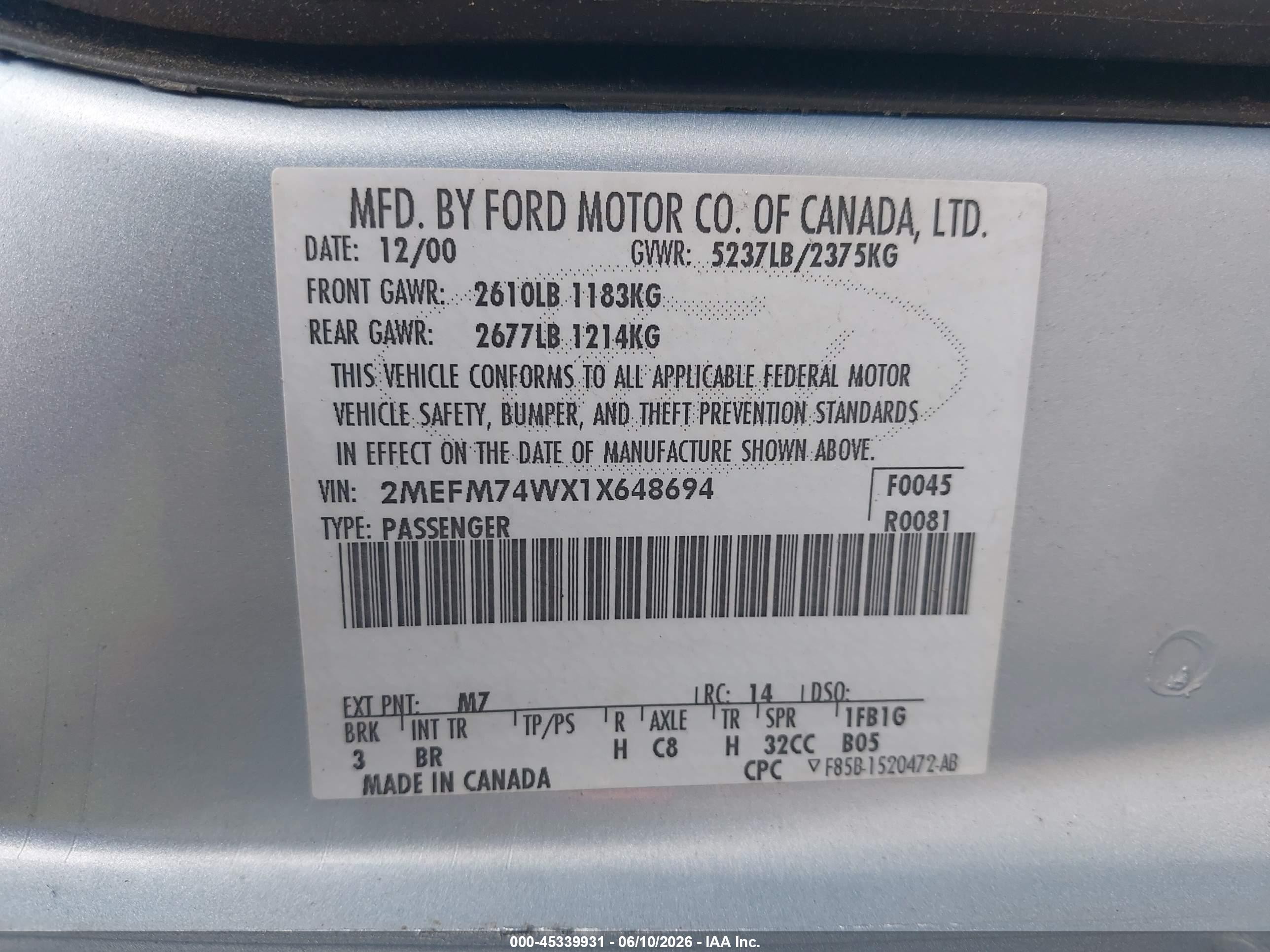 2001 Mercury Grand Marquis Gs Light Blue vin: 2MEFM74WX1X648694