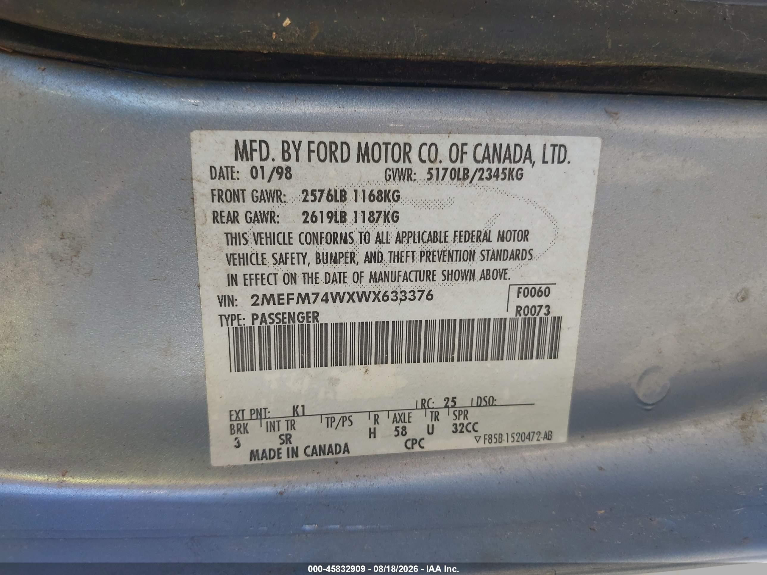 1998 Mercury Grand Marquis   Light Blue vin: 2MEFM74WXWX633376