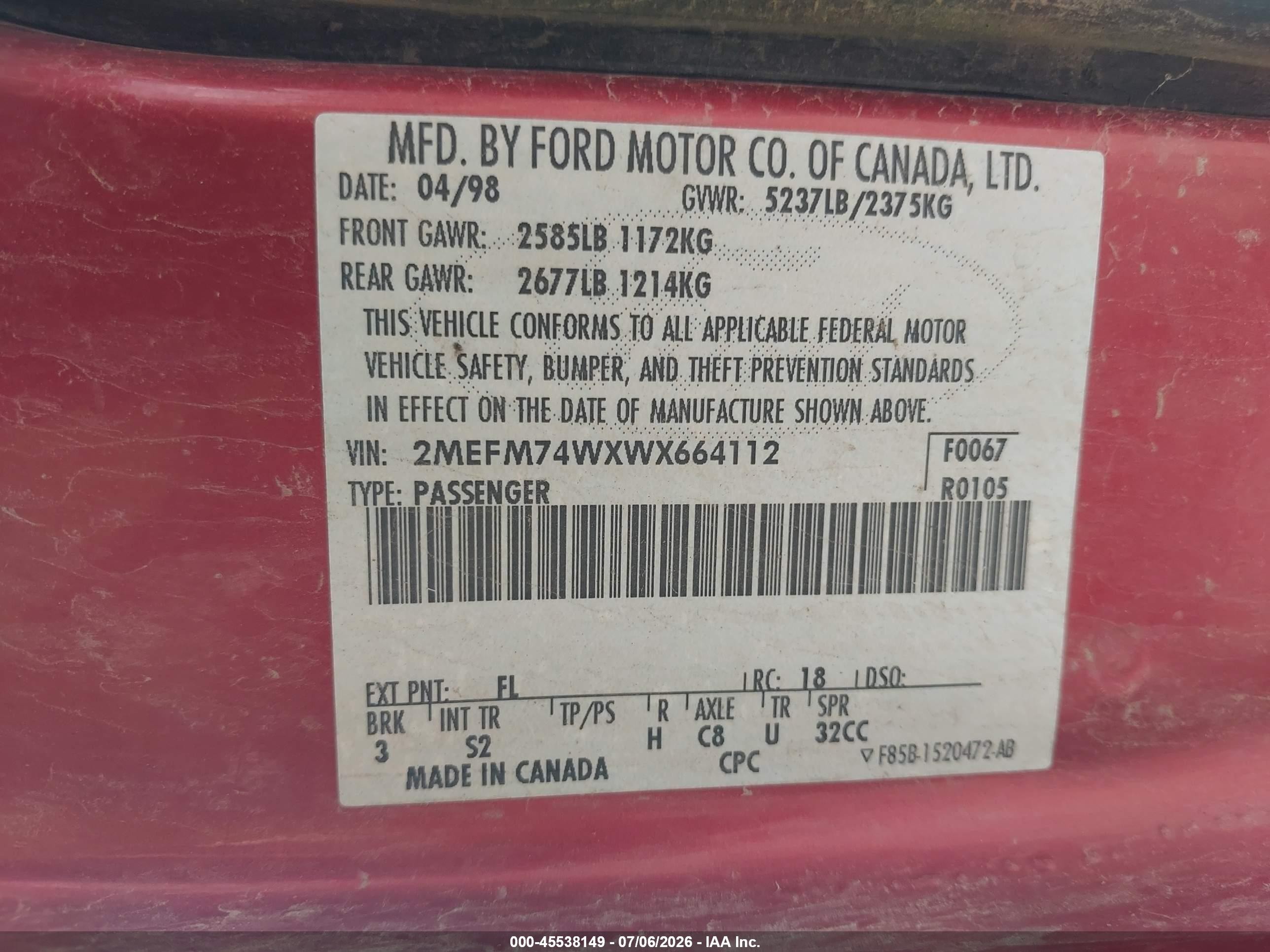 1998 Mercury Grand Marquis   Red vin: 2MEFM74WXWX664112