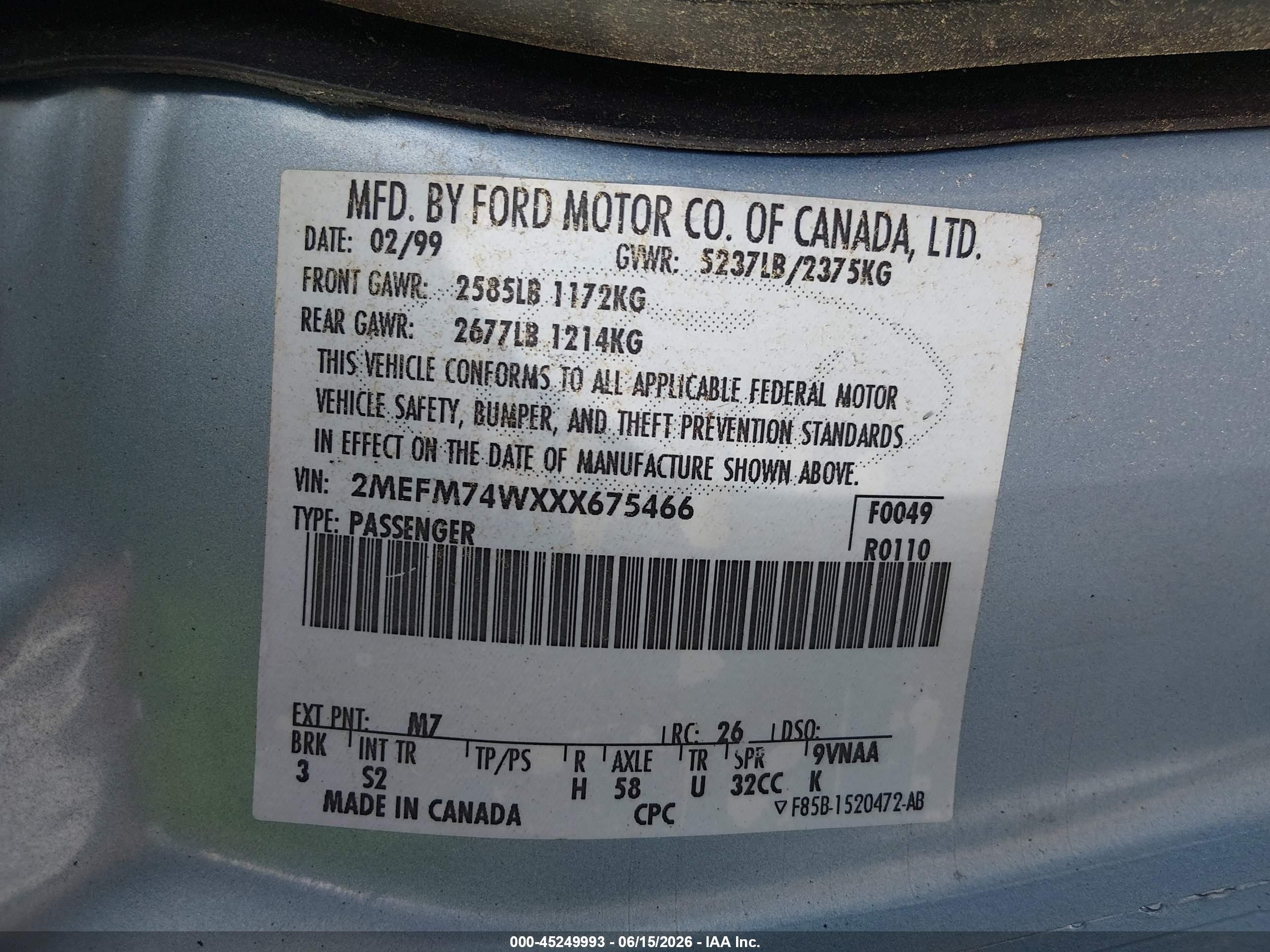 1999 Mercury Grand Marquis Gs Light Blue vin: 2MEFM74WXXX675466