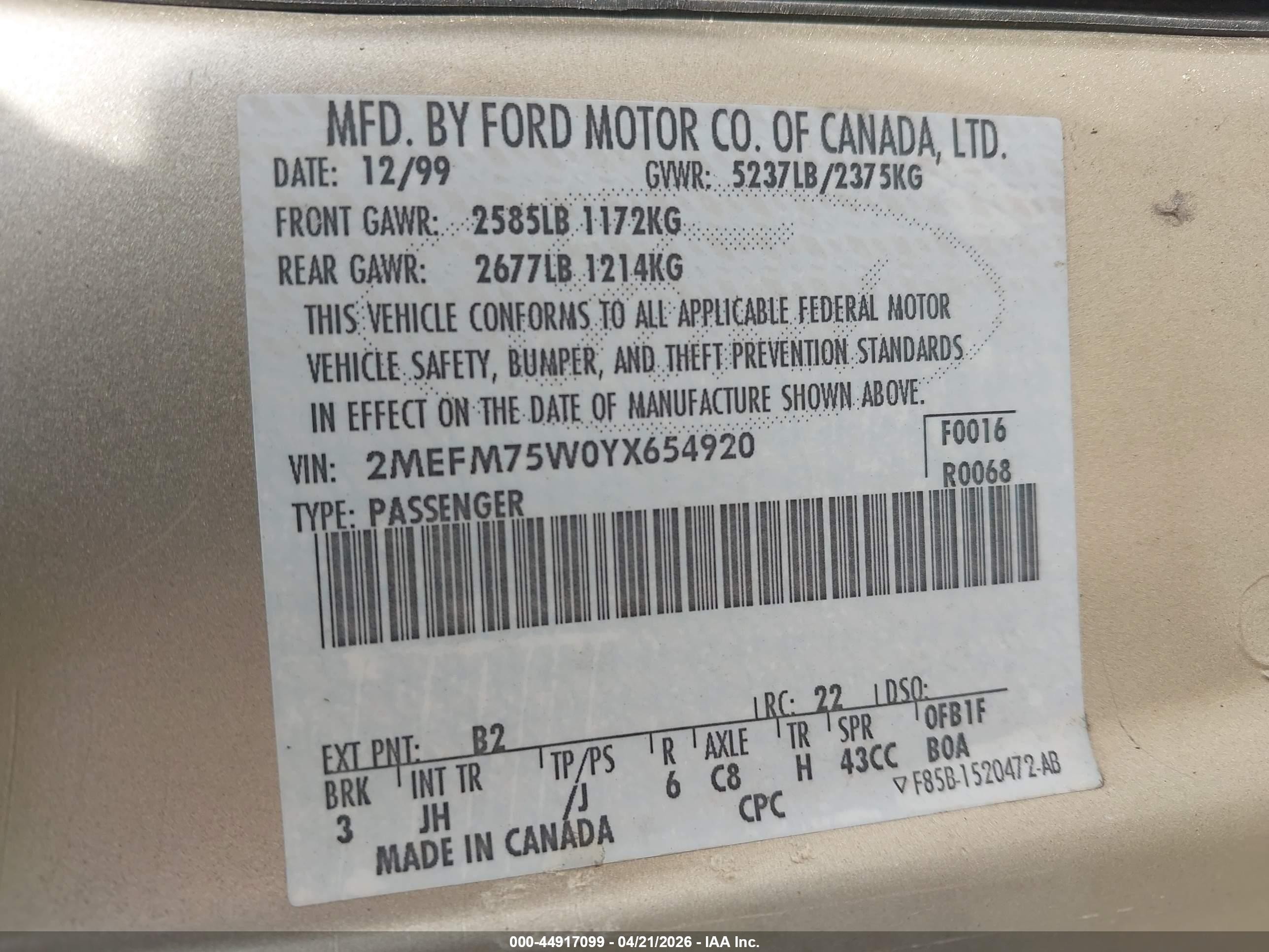 2000 Mercury Grand Marquis Ls Gold vin: 2MEFM75W0YX654920