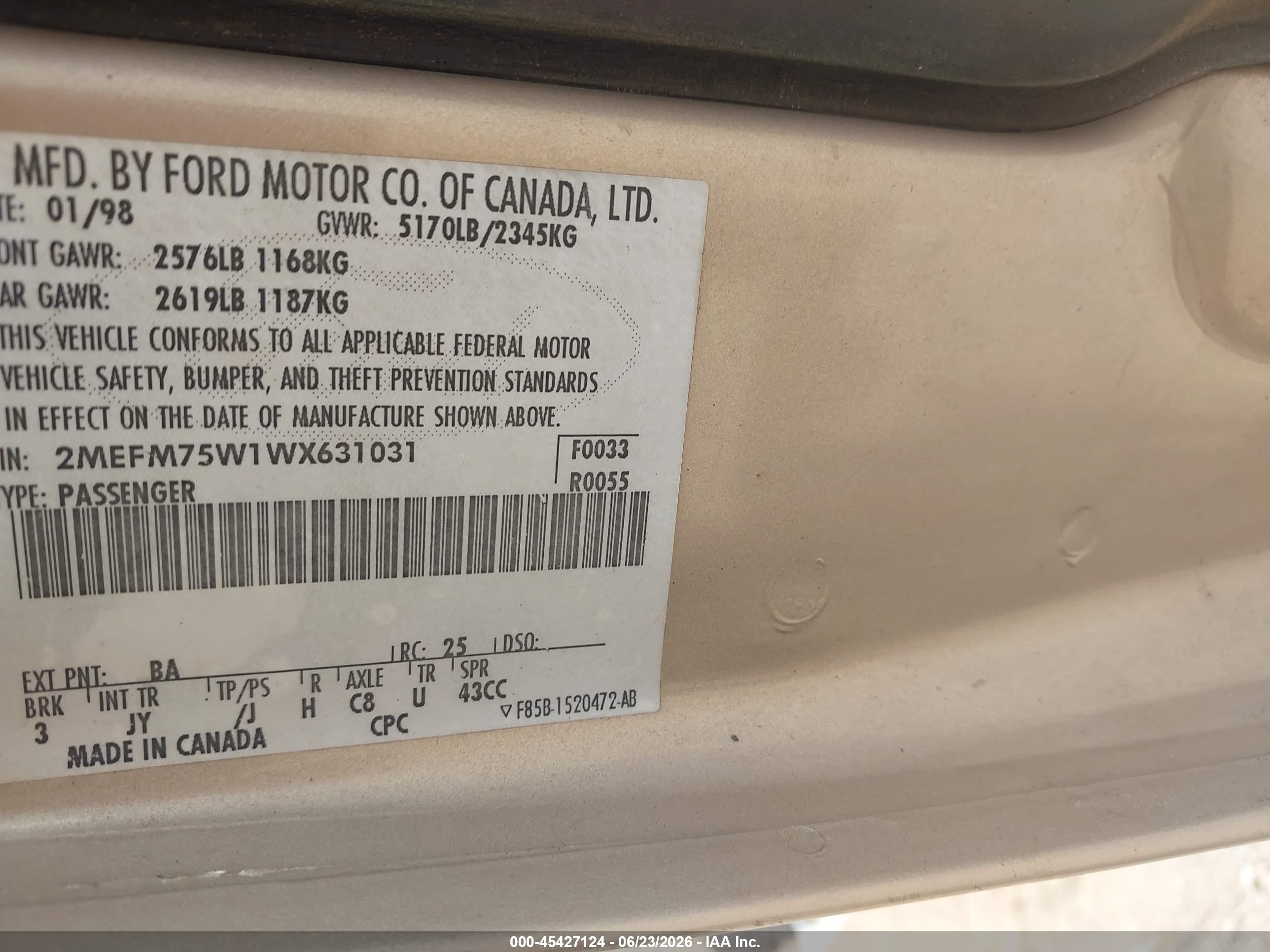 1998 Mercury Grand Marquis   Silver vin: 2MEFM75W1WX631031
