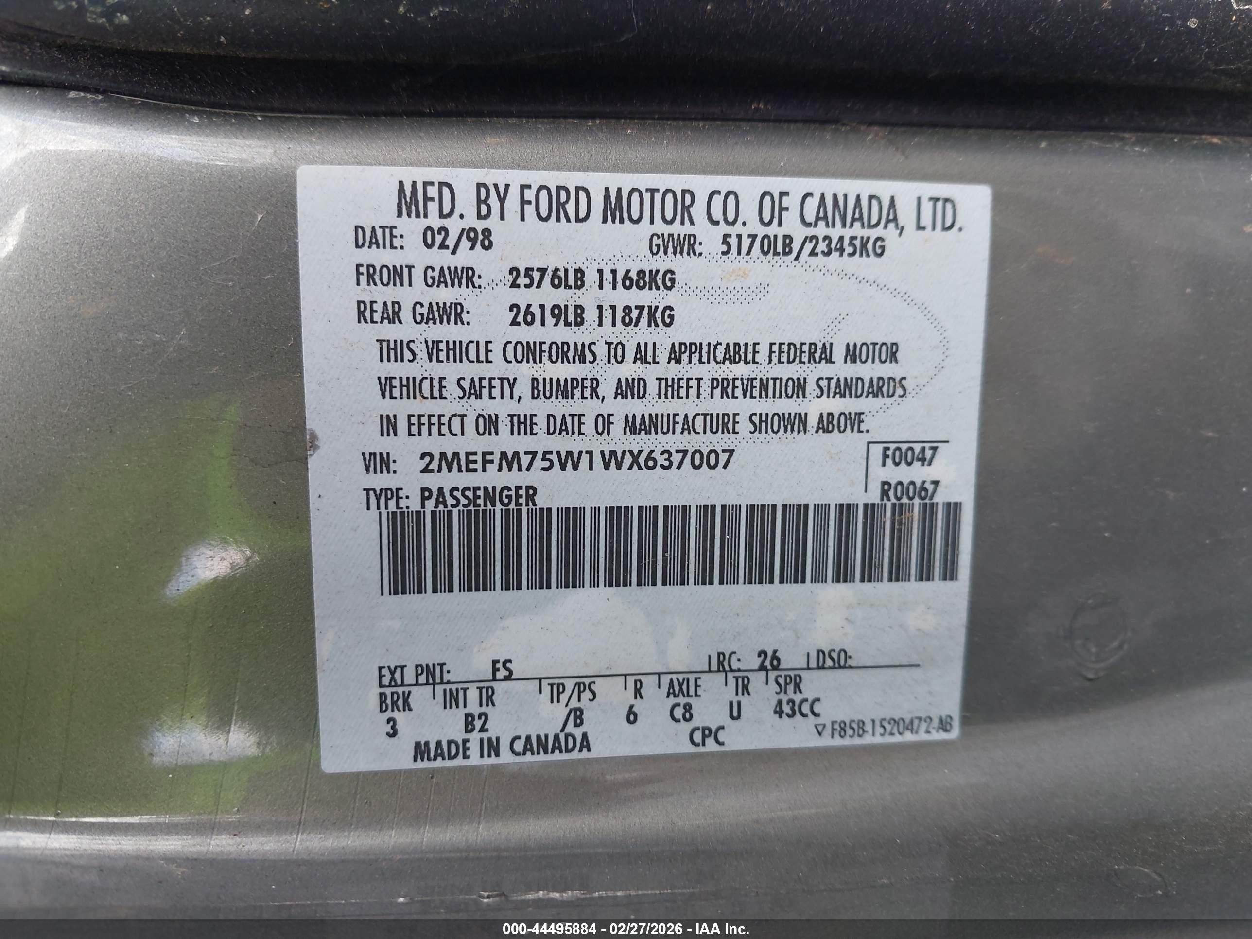1998 Mercury Grand Marquis   Gray vin: 2MEFM75W1WX637007