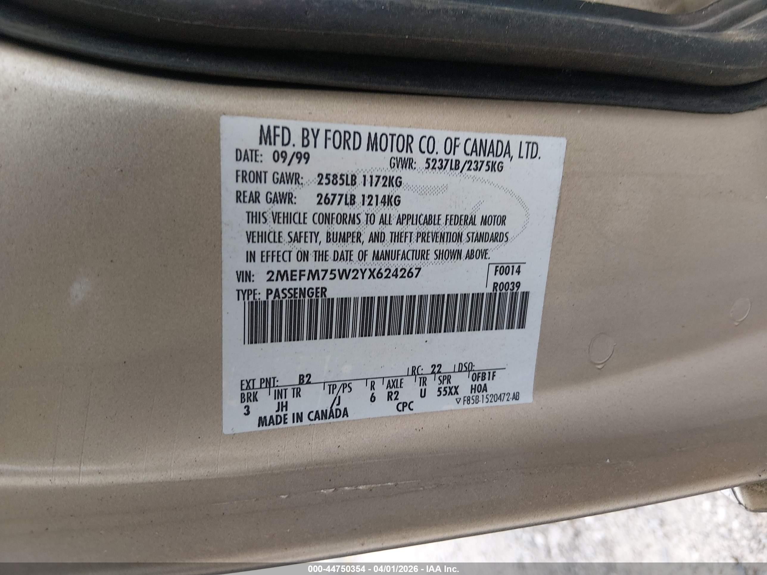 2000 Mercury Grand Marquis Ls Gold vin: 2MEFM75W2YX624267