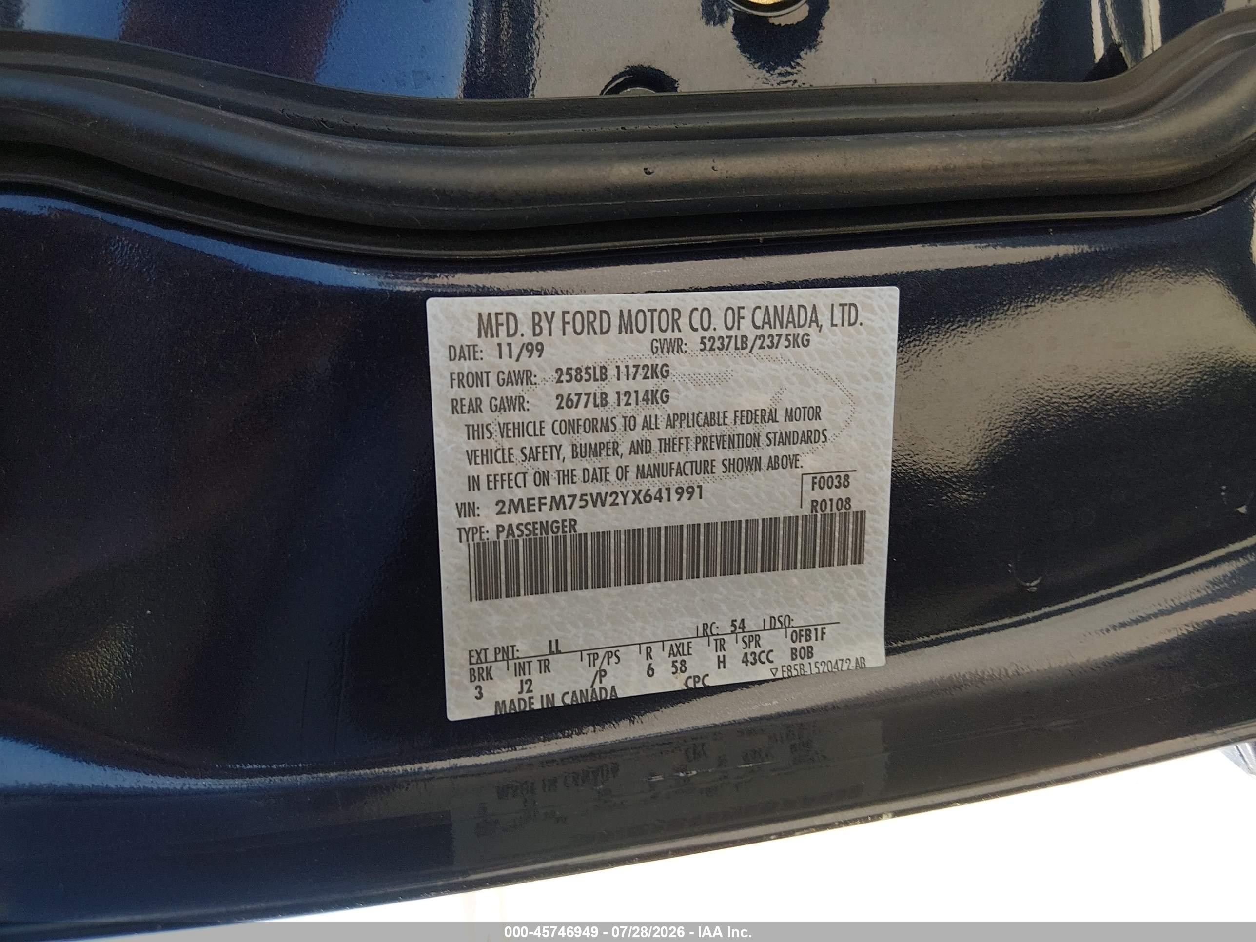 2000 Mercury Grand Marquis Ls Dark Blue vin: 2MEFM75W2YX641991