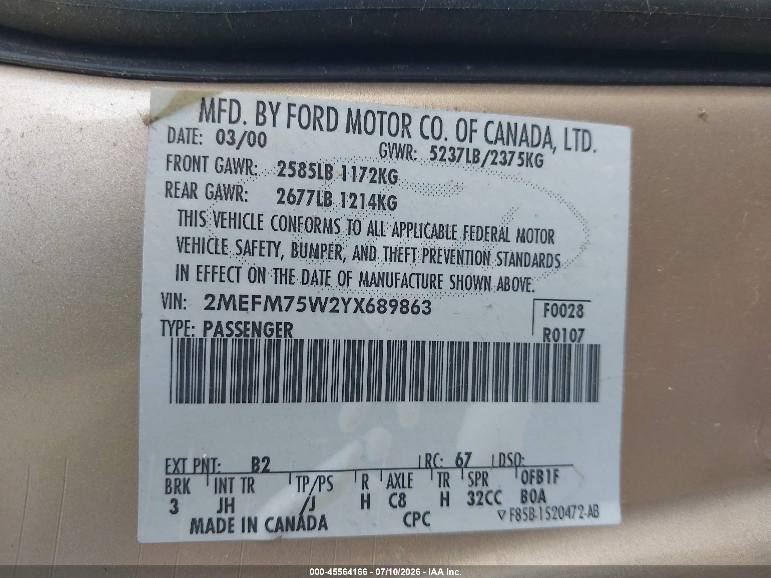 2000 Mercury Grand Marquis Ls Gold vin: 2MEFM75W2YX689863