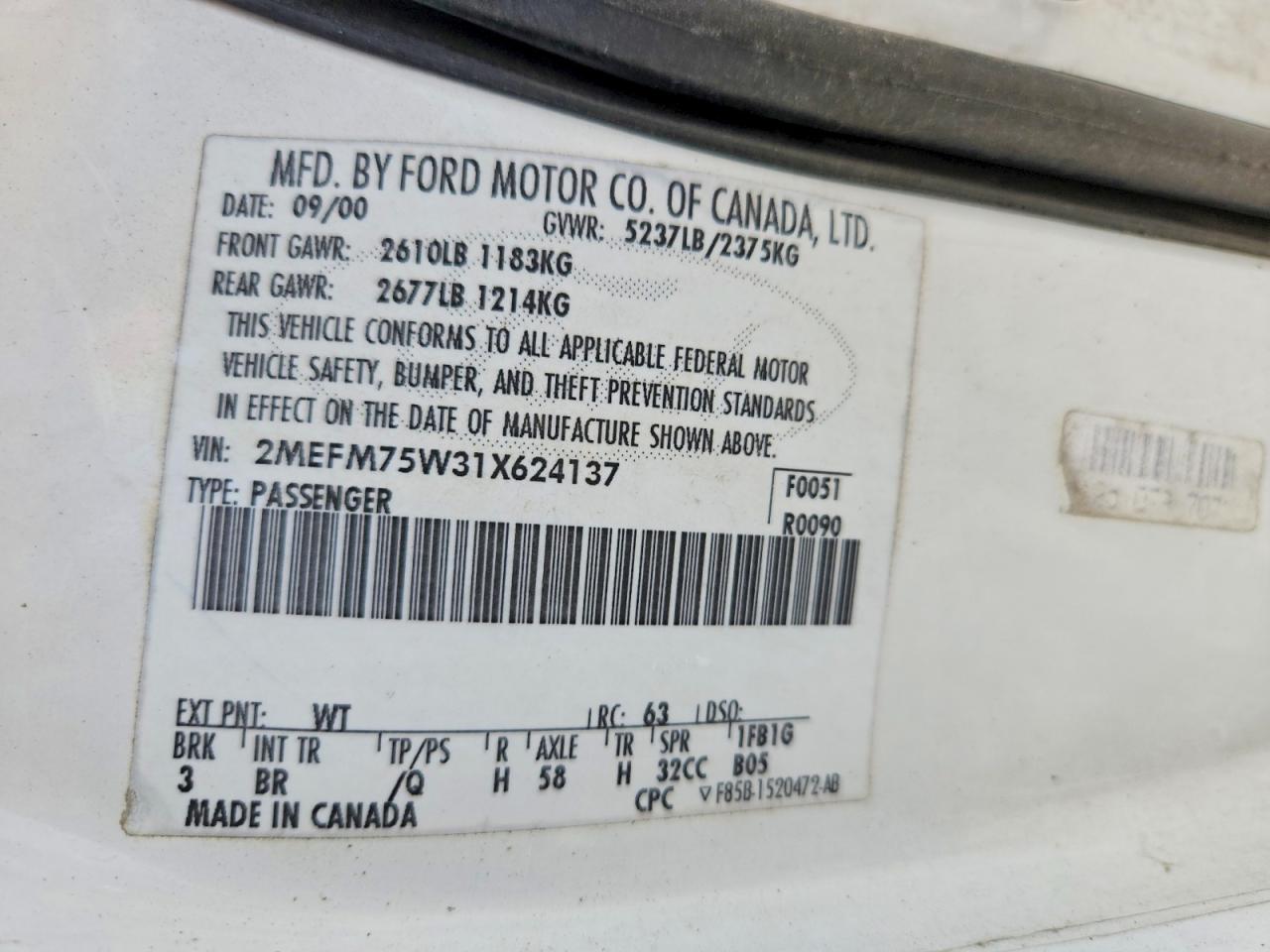 2001 Mercury Grand Marquis Ls White vin: 2MEFM75W31X624137