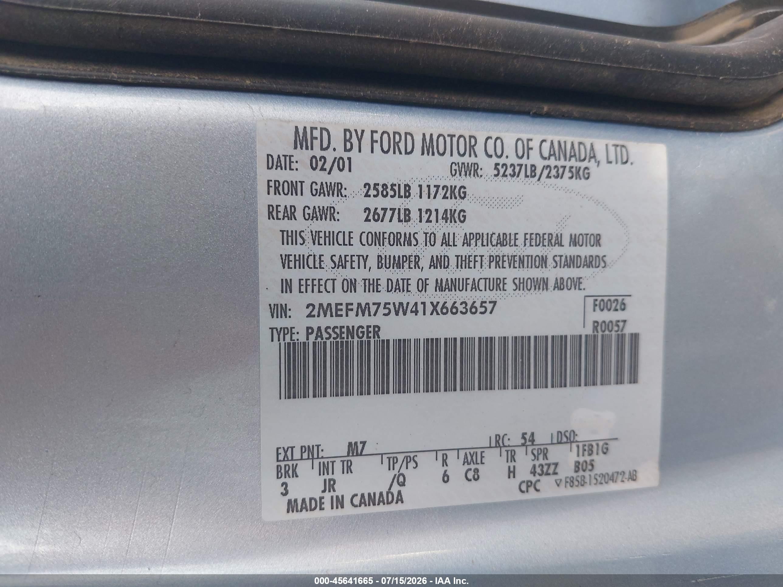 2001 Mercury Grand Marquis Ls Light Blue vin: 2MEFM75W41X663657