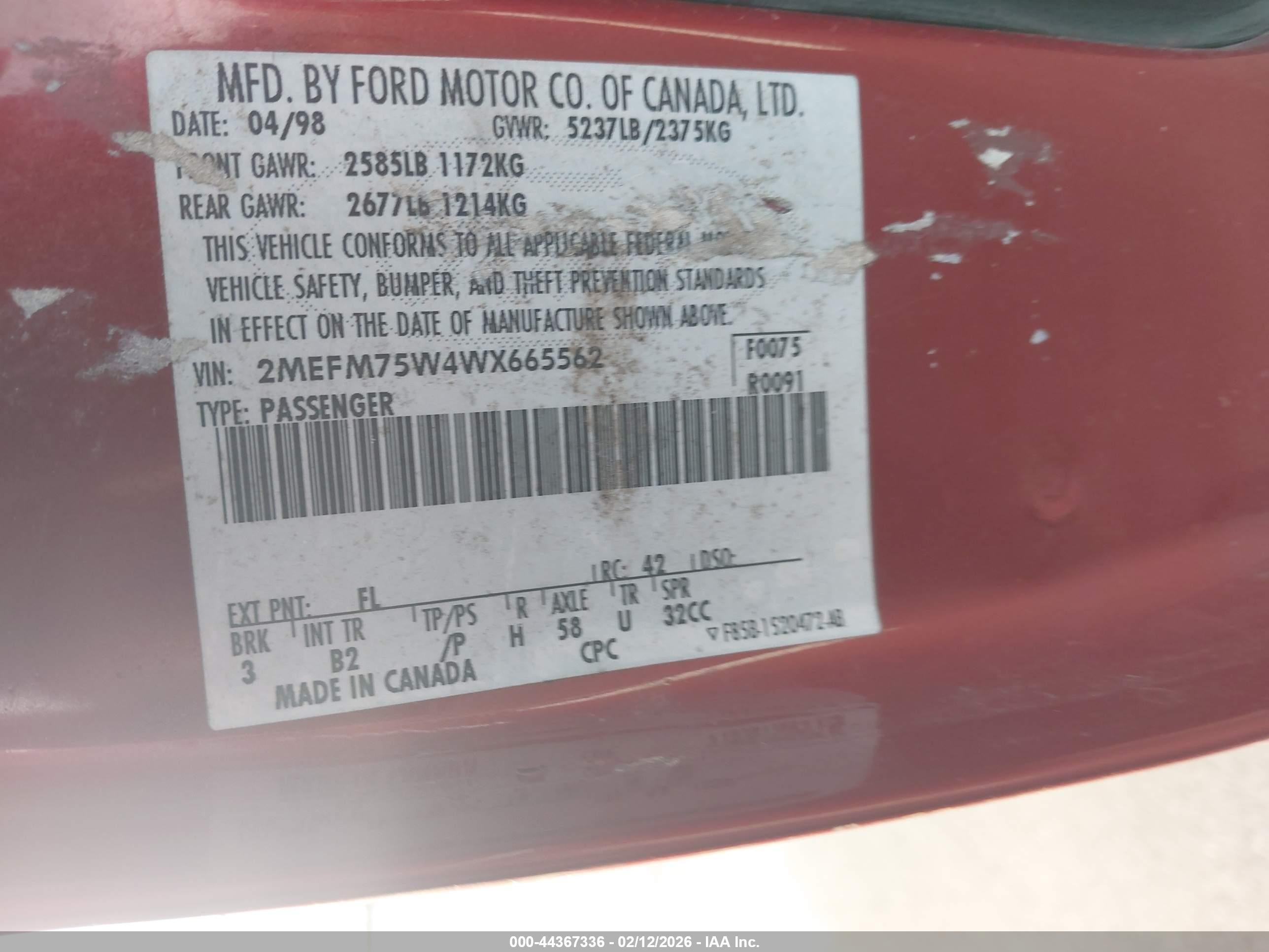 1998 Mercury Grand Marquis   Red vin: 2MEFM75W4WX665562