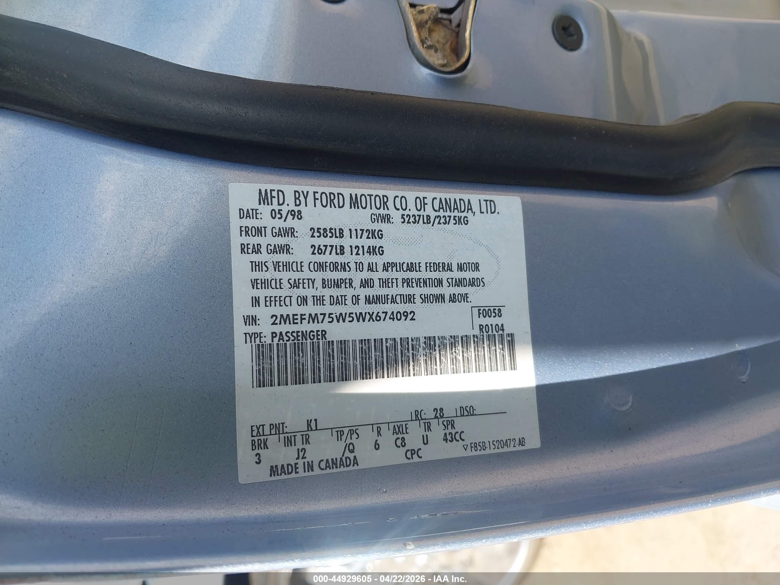 1998 Mercury Grand Marquis   Light Blue vin: 2MEFM75W5WX674092