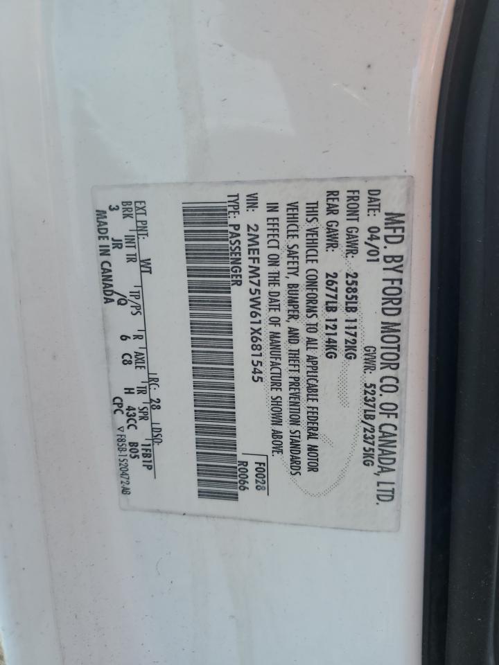 2001 Mercury Grand Marquis Ls White vin: 2MEFM75W61X681545