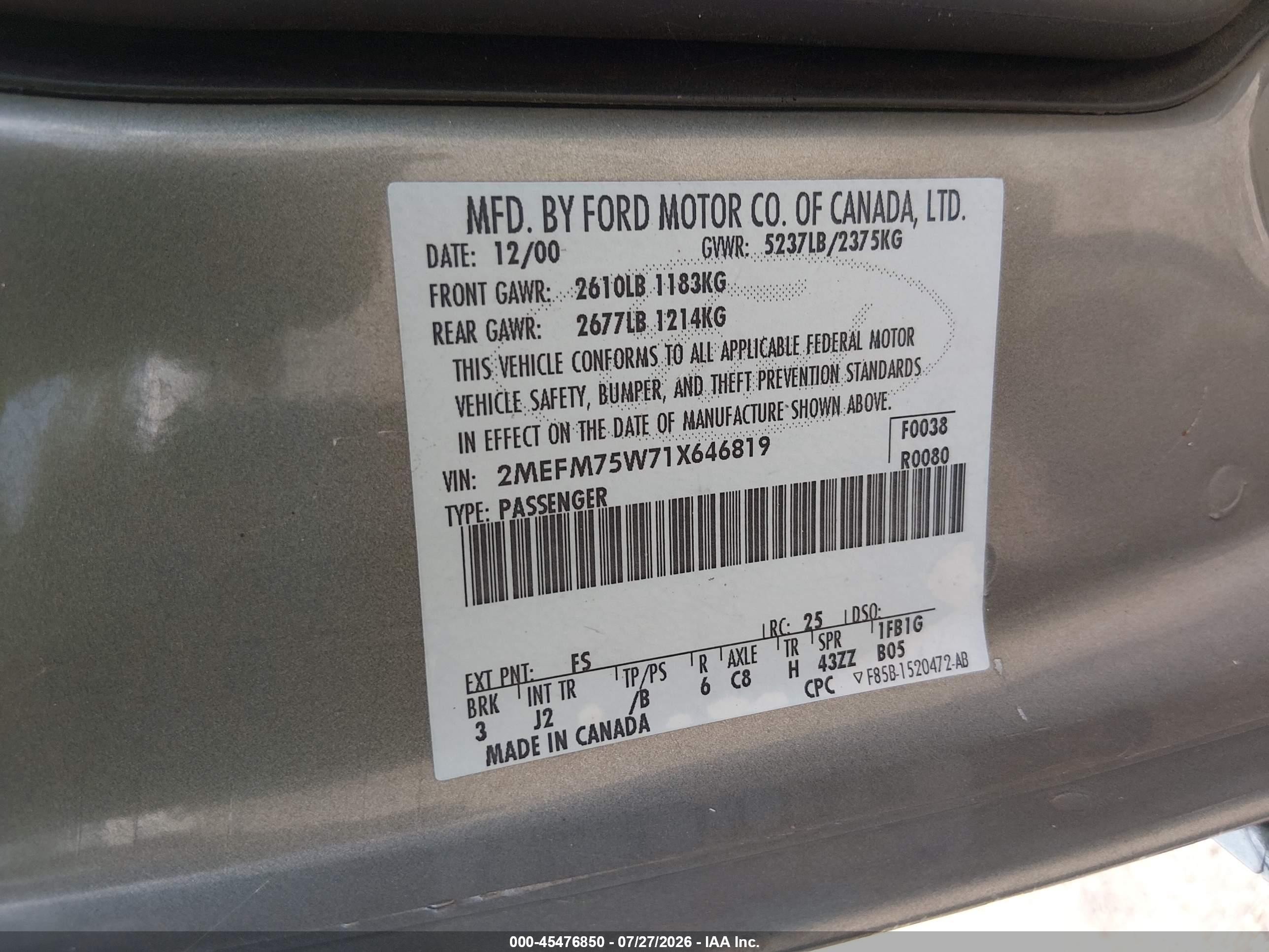 2001 Mercury Grand Marquis Ls Gray vin: 2MEFM75W71X646819