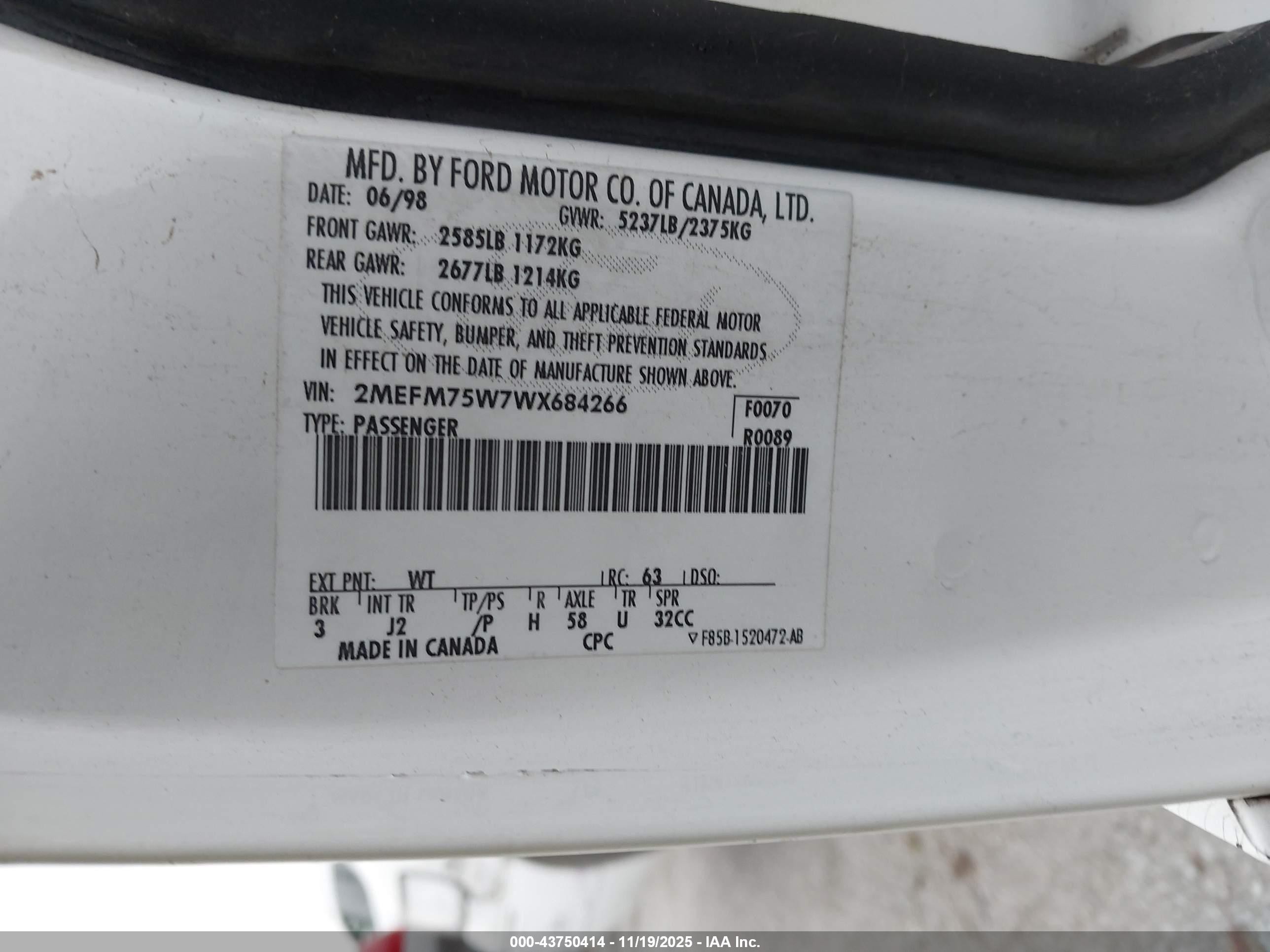 1998 Mercury Grand Marquis   White vin: 2MEFM75W7WX684266
