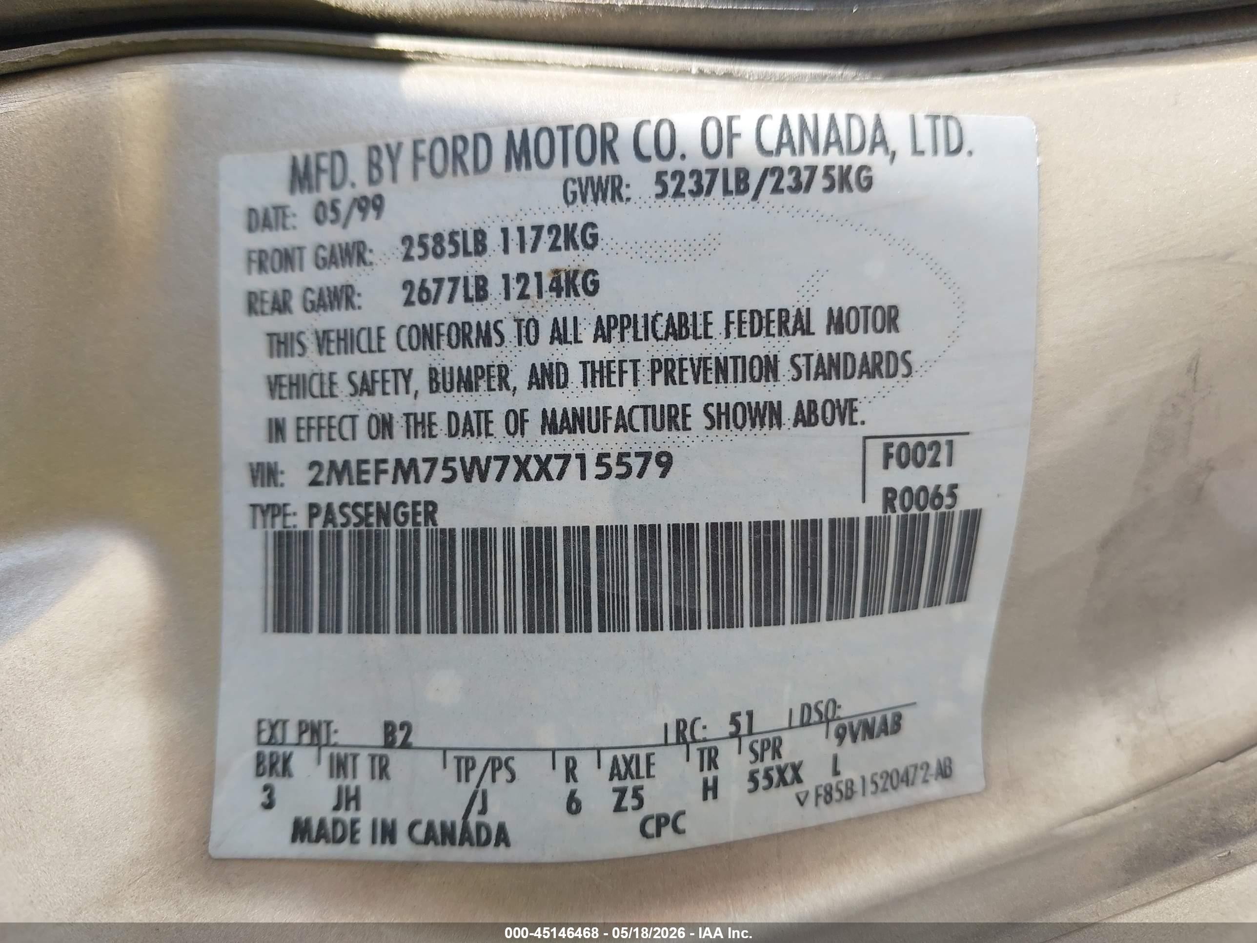 1999 Mercury Grand Marquis Ls Beige vin: 2MEFM75W7XX715579