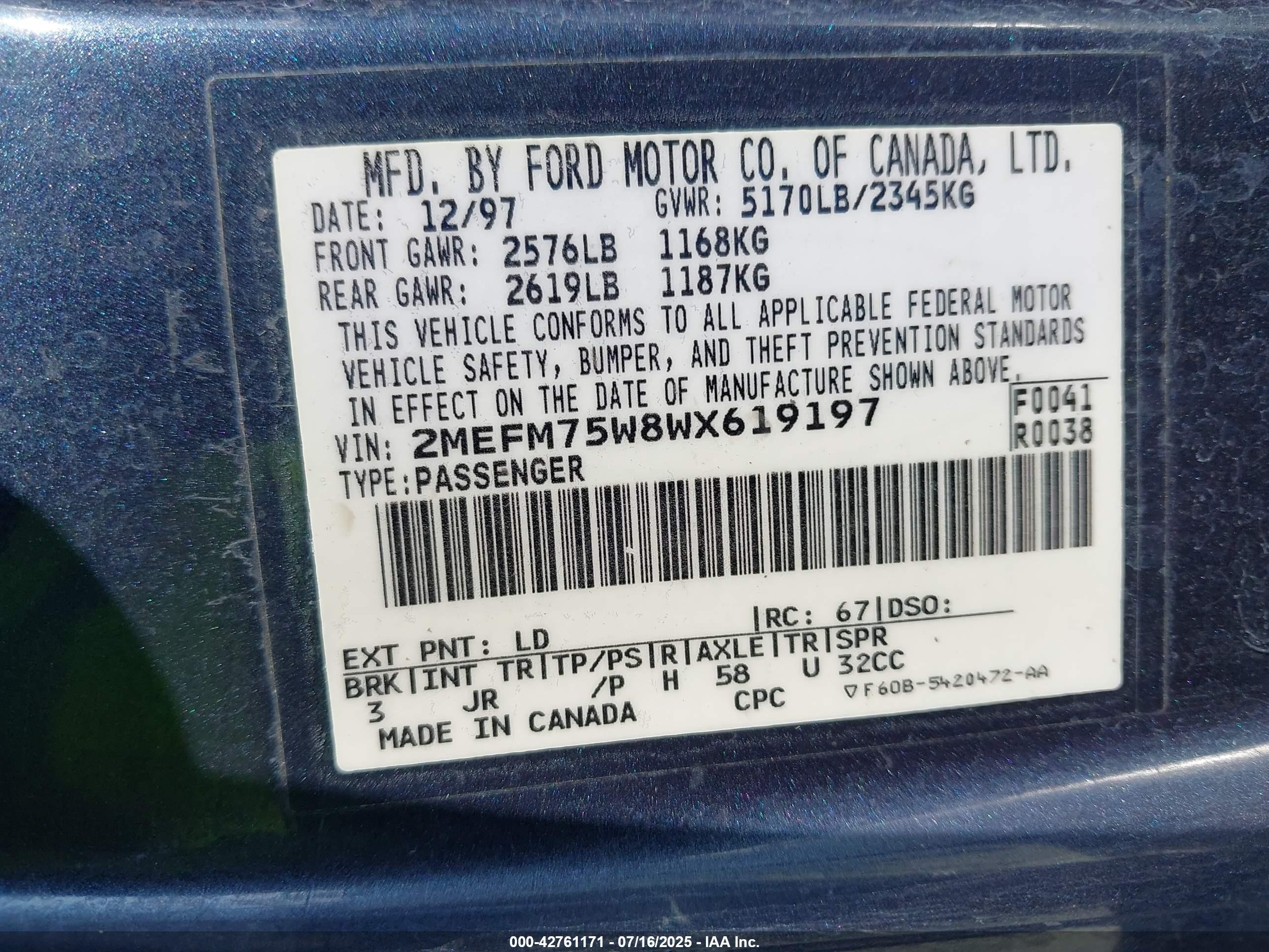 1998 Mercury Grand Marquis   vin: 2MEFM75W8WX619197