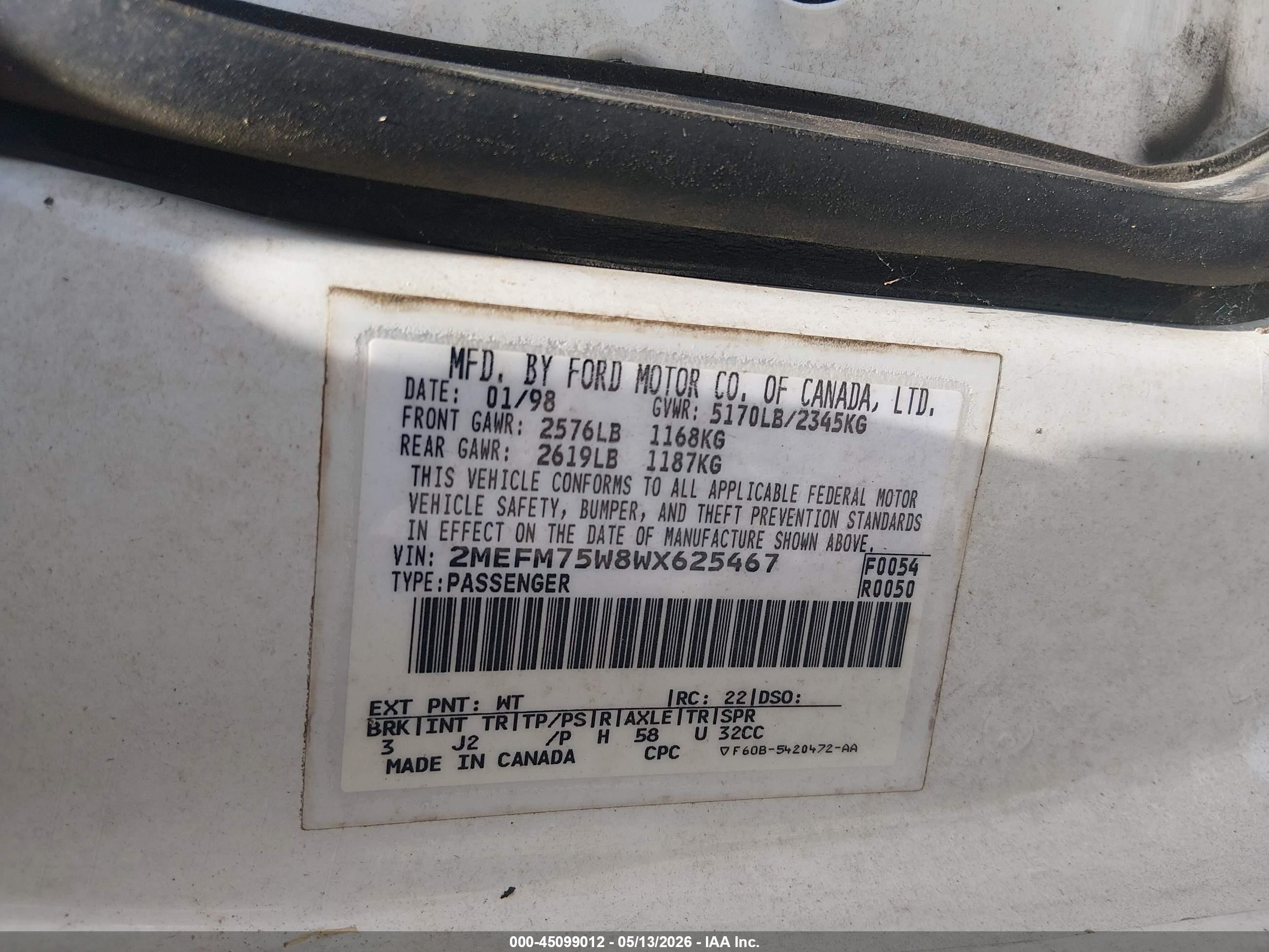 1998 Mercury Grand Marquis   White vin: 2MEFM75W8WX625467