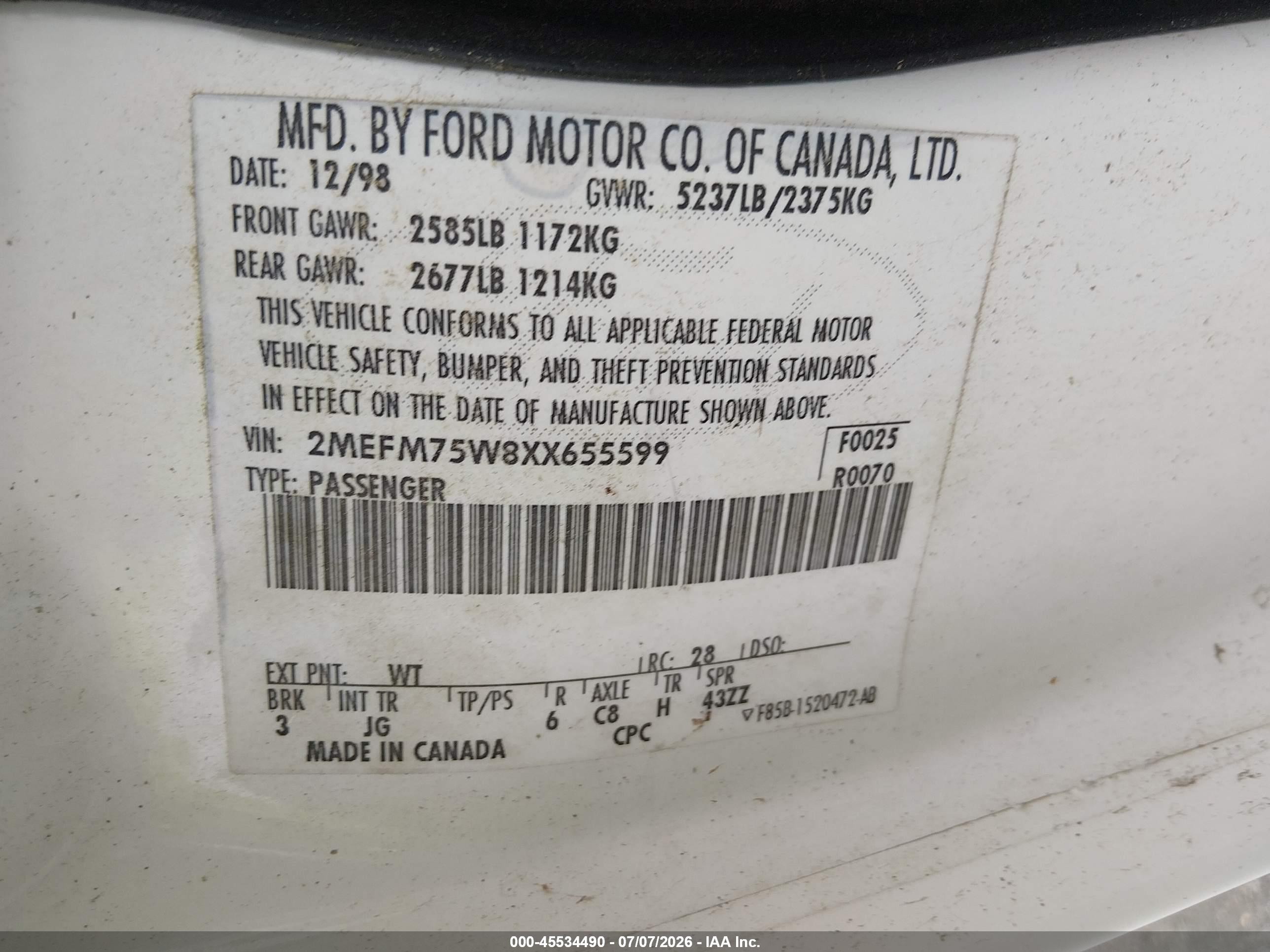 1999 Mercury Grand Marquis Ls Белый vin: 2MEFM75W8XX655599