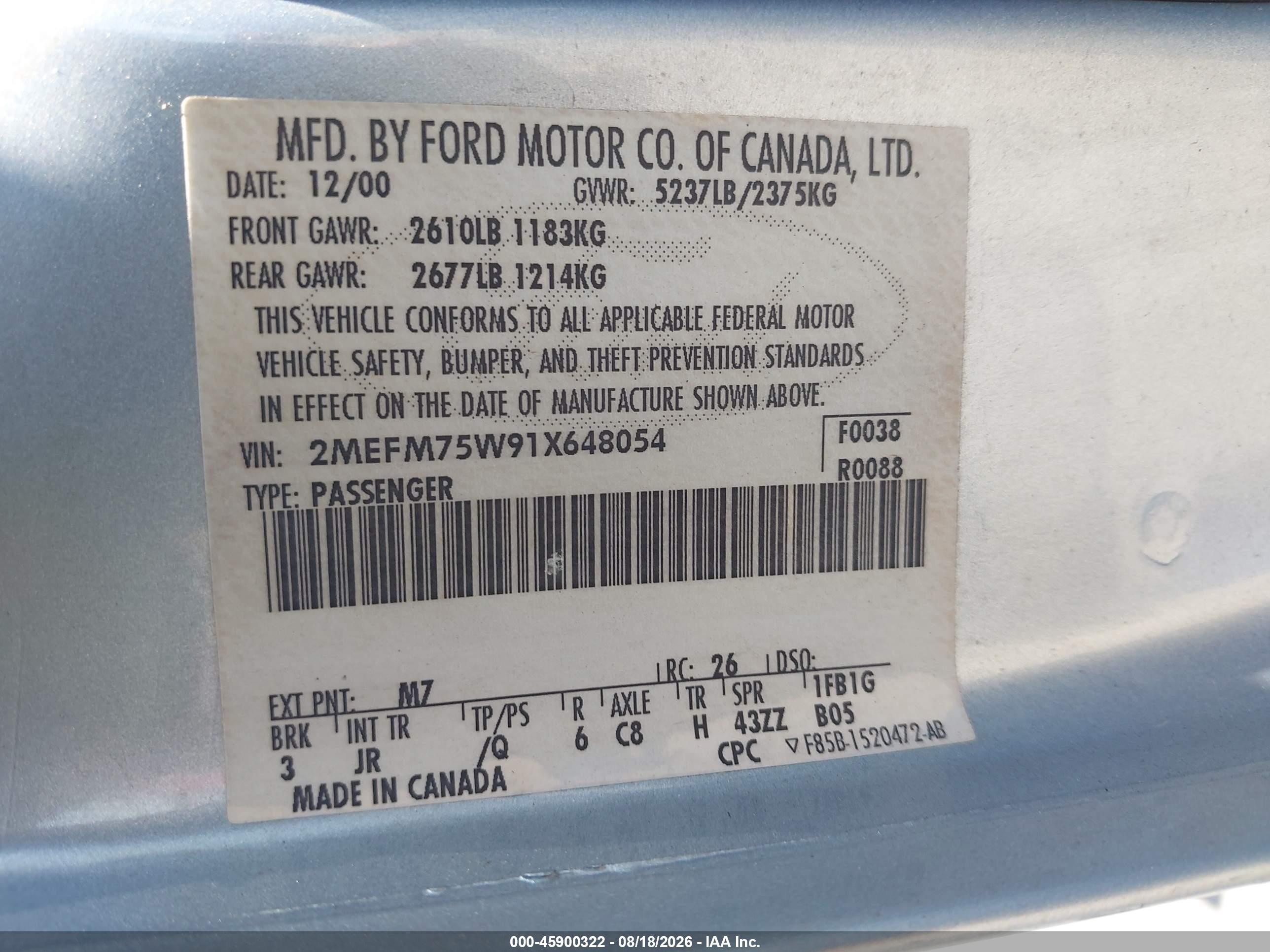 2001 Mercury Grand Marquis Ls Light Blue vin: 2MEFM75W91X648054
