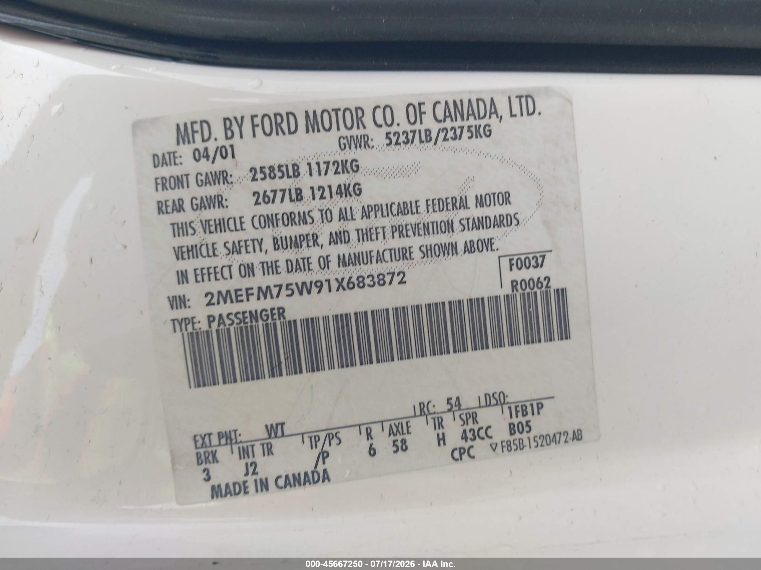 2001 Mercury Grand Marquis Ls White vin: 2MEFM75W91X683872