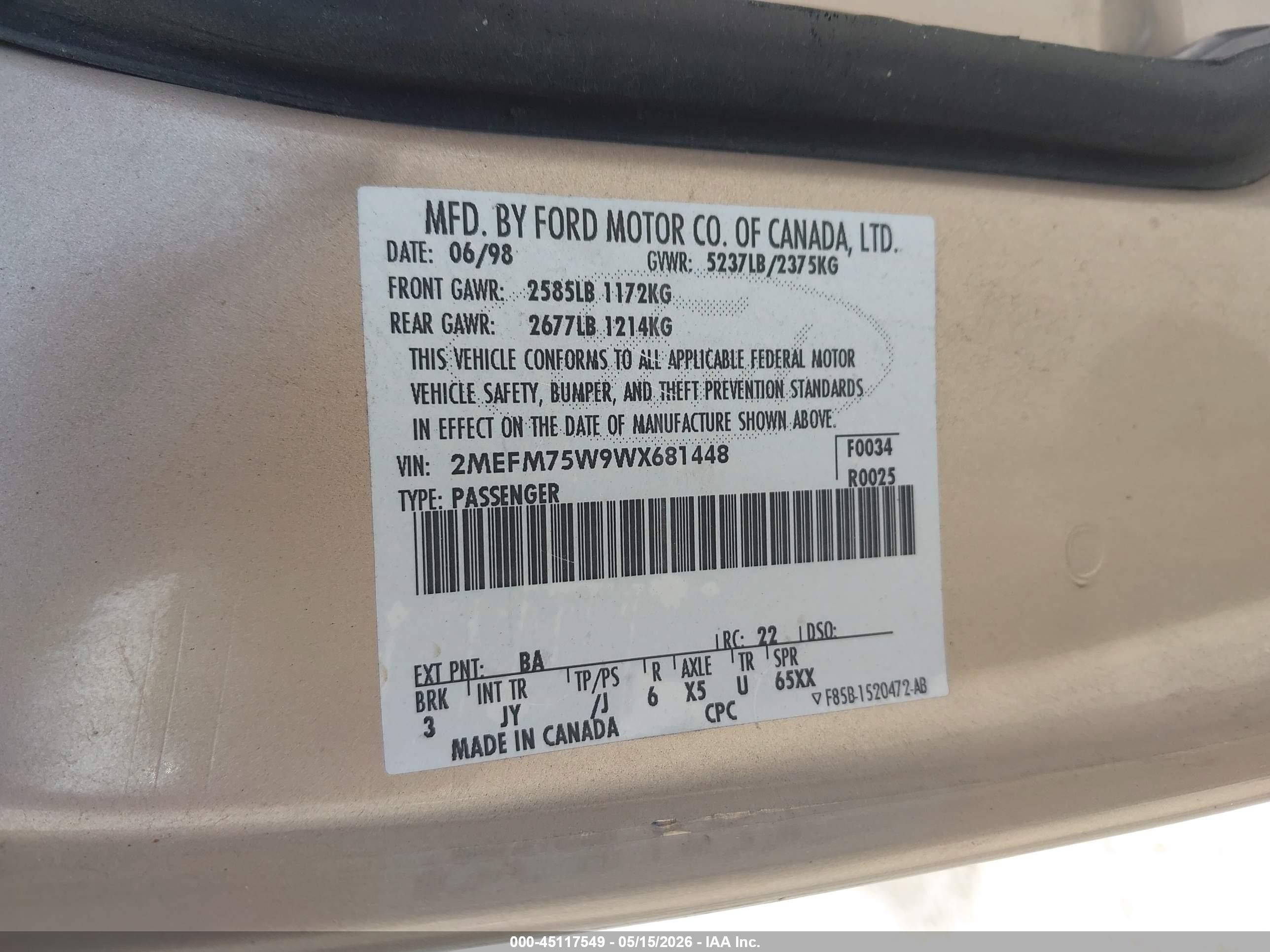 1998 Mercury Grand Marquis   Tan vin: 2MEFM75W9WX681448