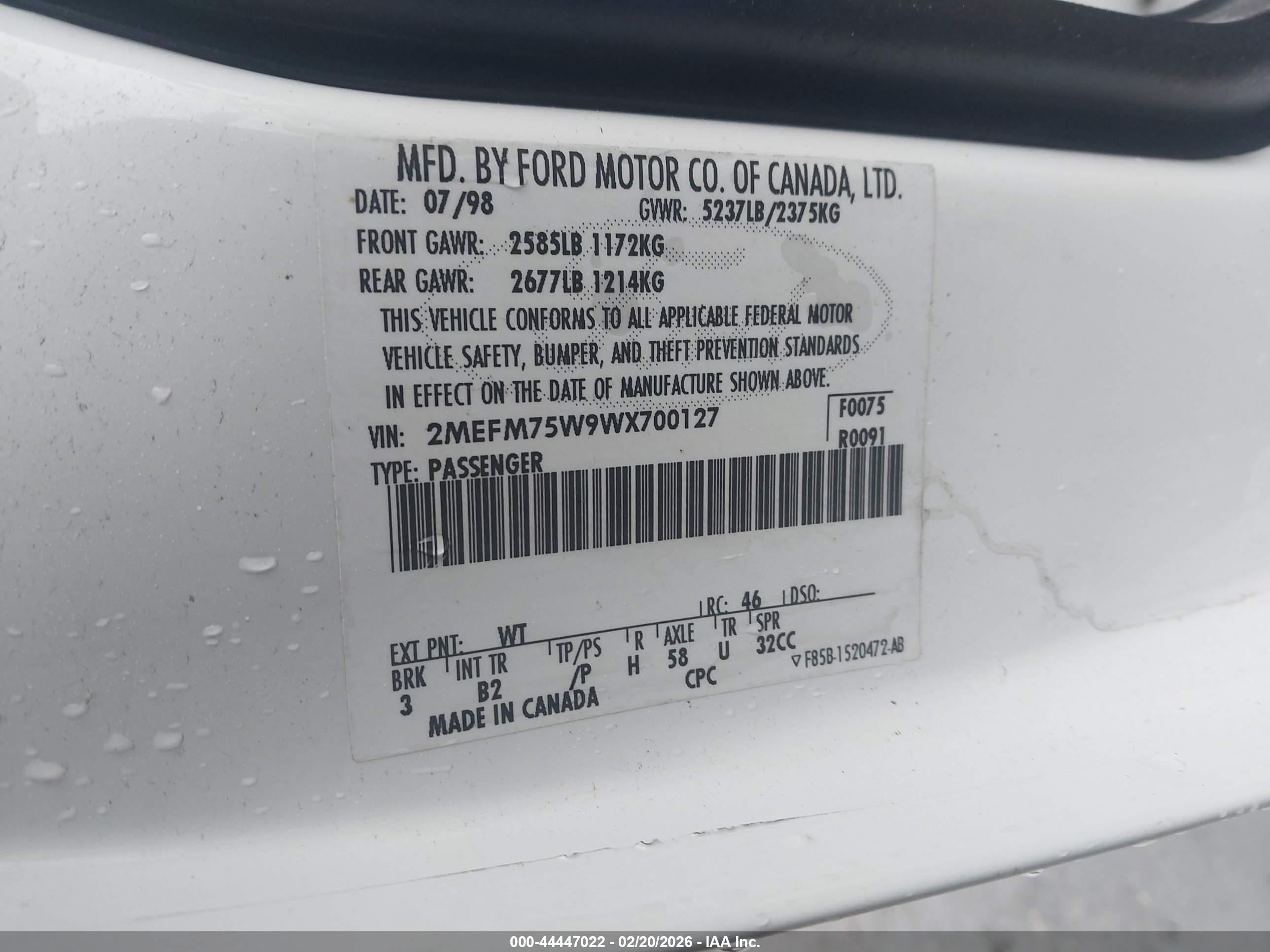 1998 Mercury Grand Marquis   White vin: 2MEFM75W9WX700127