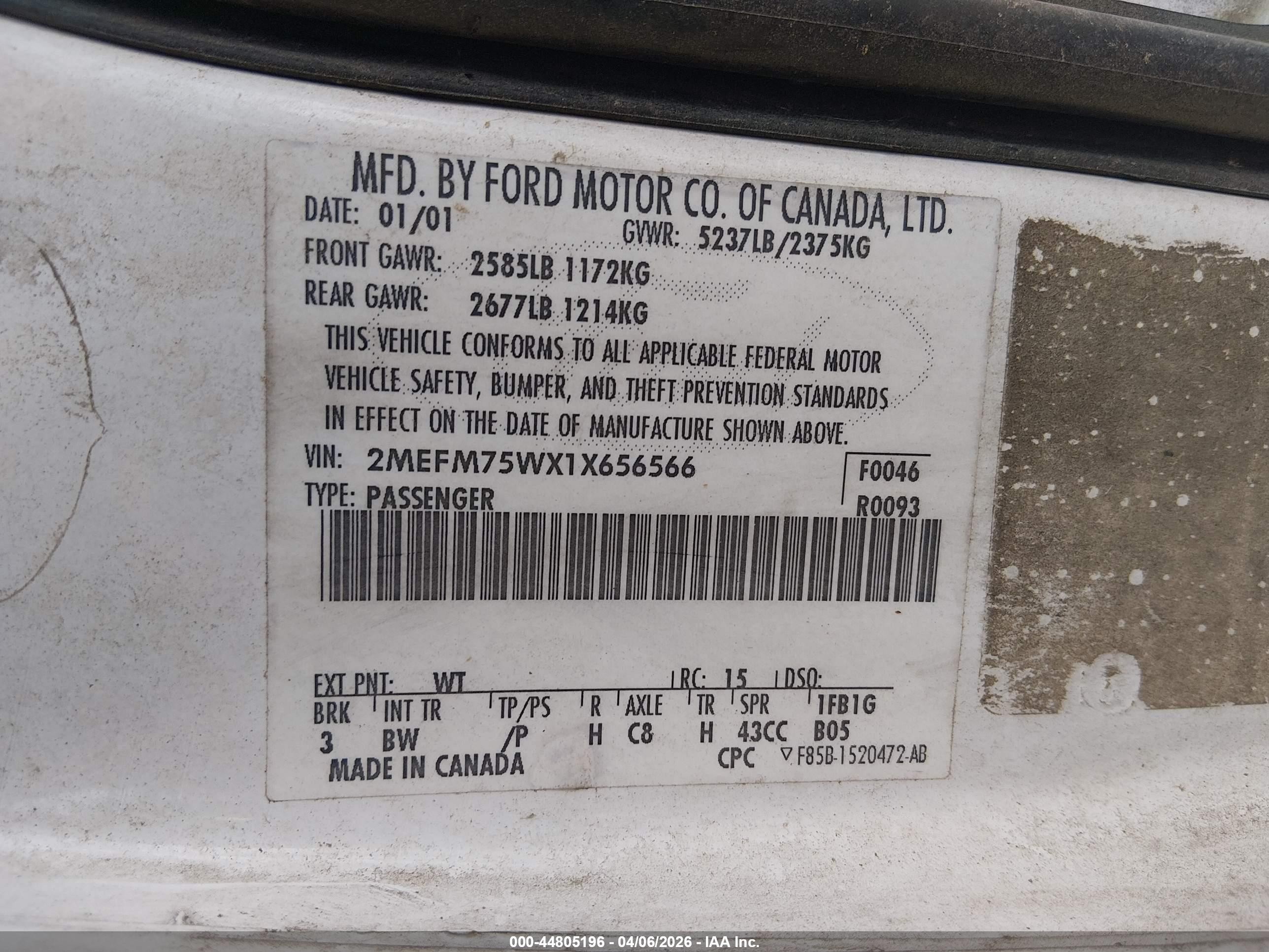 2001 Mercury Grand Marquis Ls White vin: 2MEFM75WX1X656566