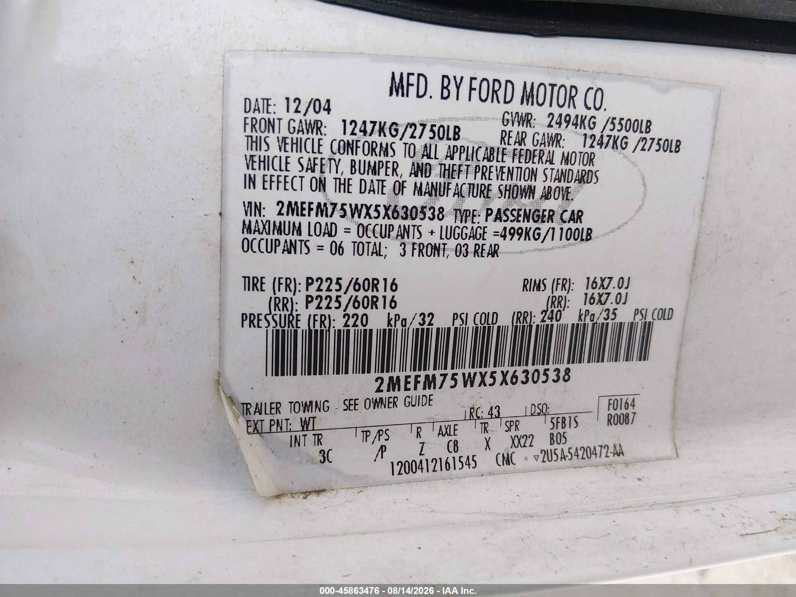 2005 Mercury Grand Marquis Ls/lse White vin: 2MEFM75WX5X630538