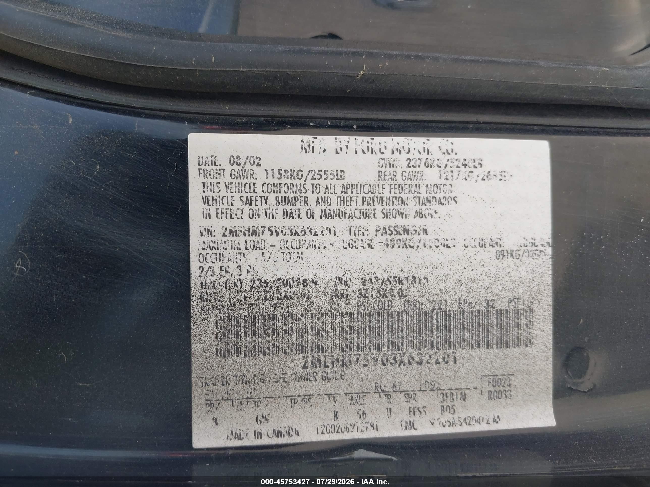 2003 Mercury Marauder   Black vin: 2MEHM75V03X632201