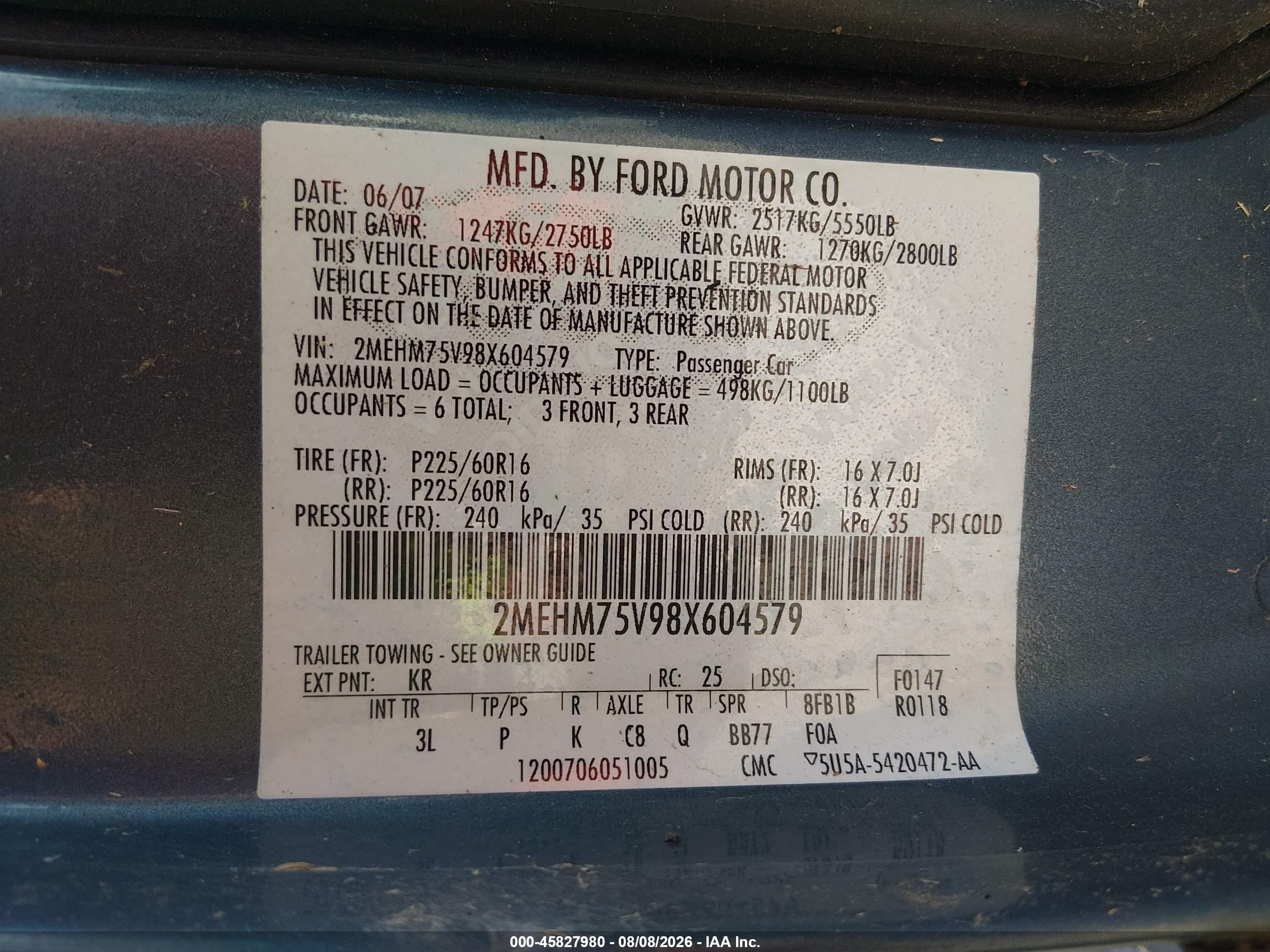 2008 Mercury Grand Marquis Ls Blue vin: 2MEHM75V98X604579