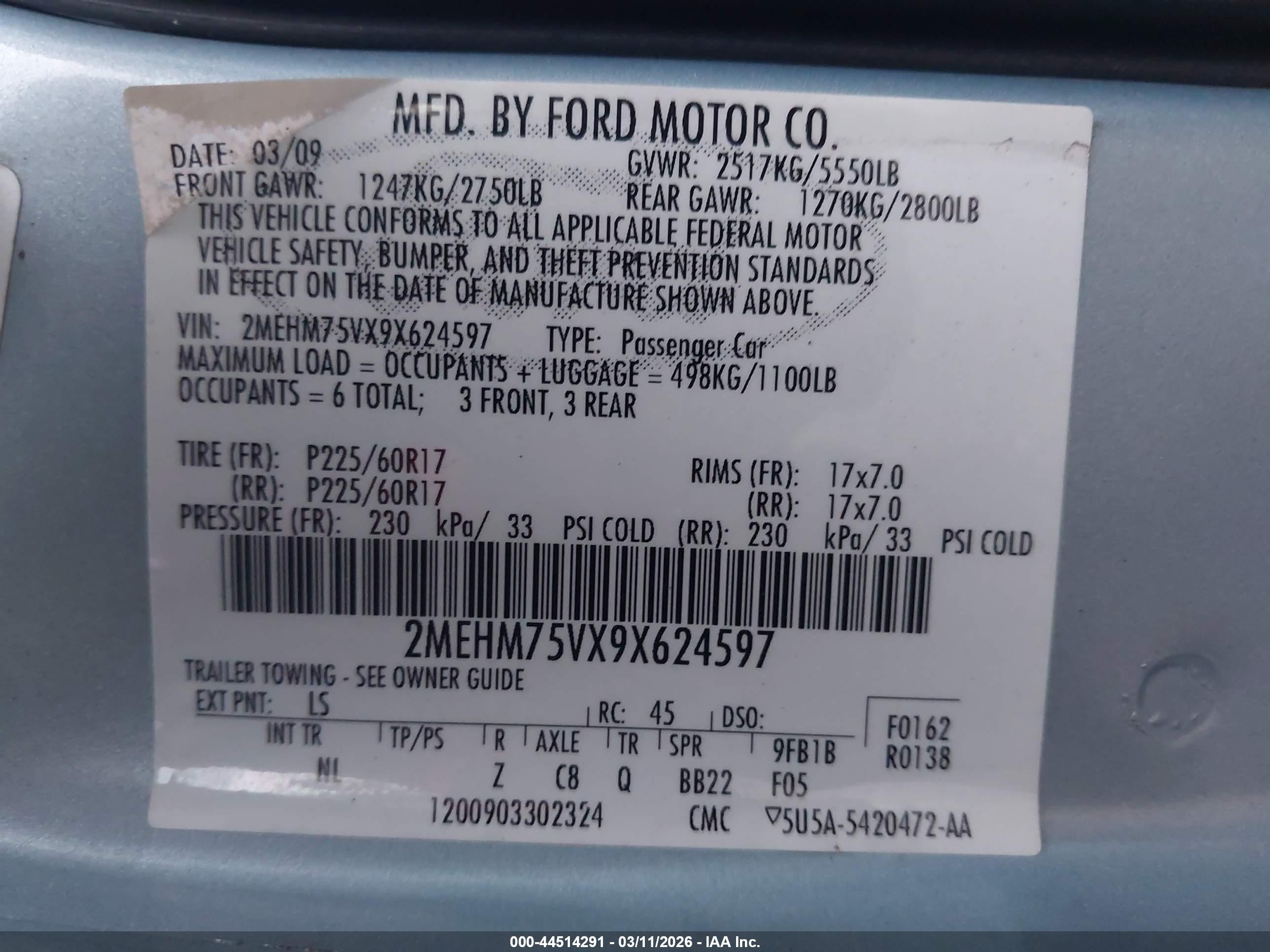 2009 Mercury Grand Marquis Ls (fleet Only) Light Blue vin: 2MEHM75VX9X624597
