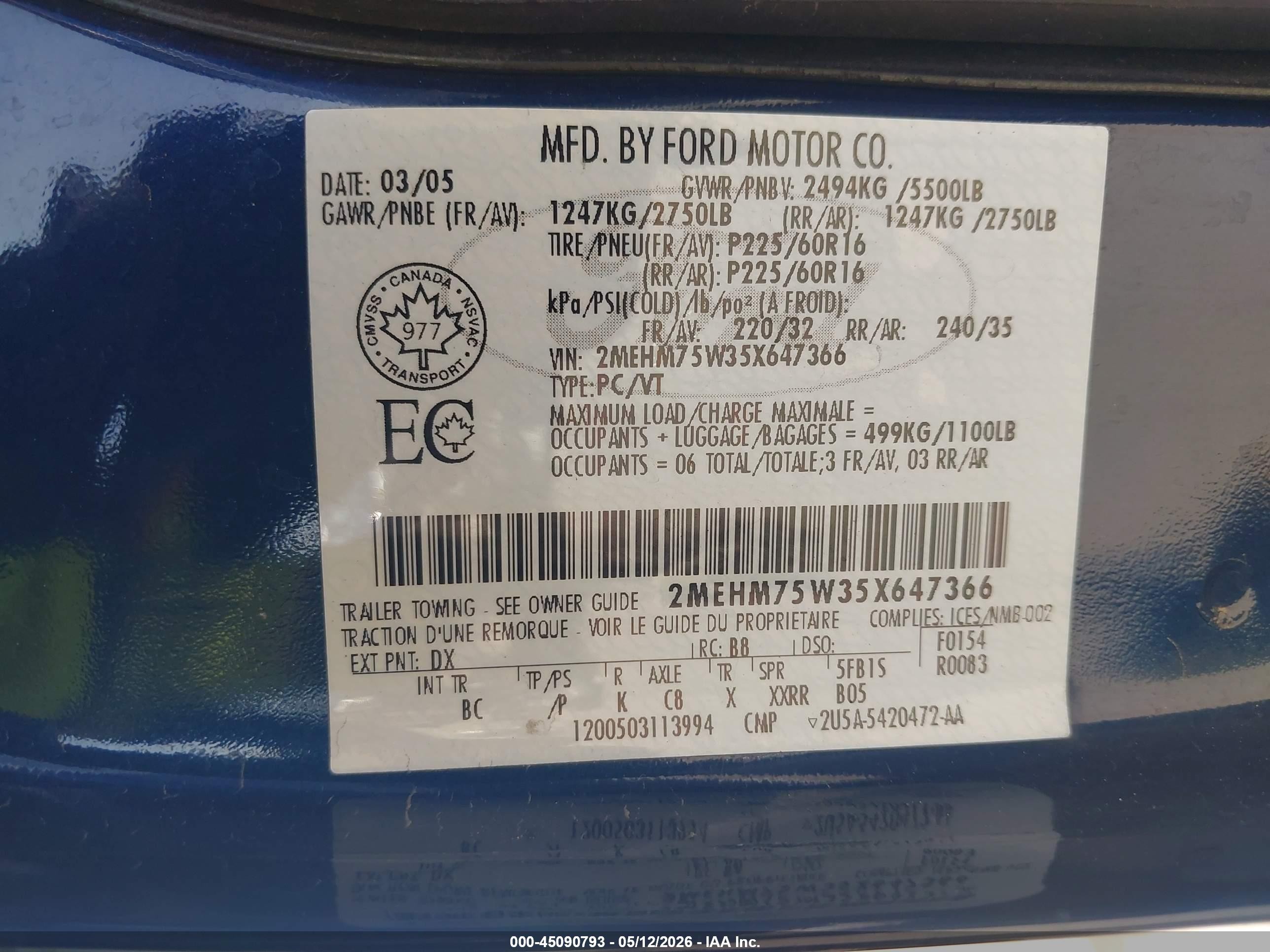 2005 Mercury Grand Marquis   Blue vin: 2MEHM75W35X647366