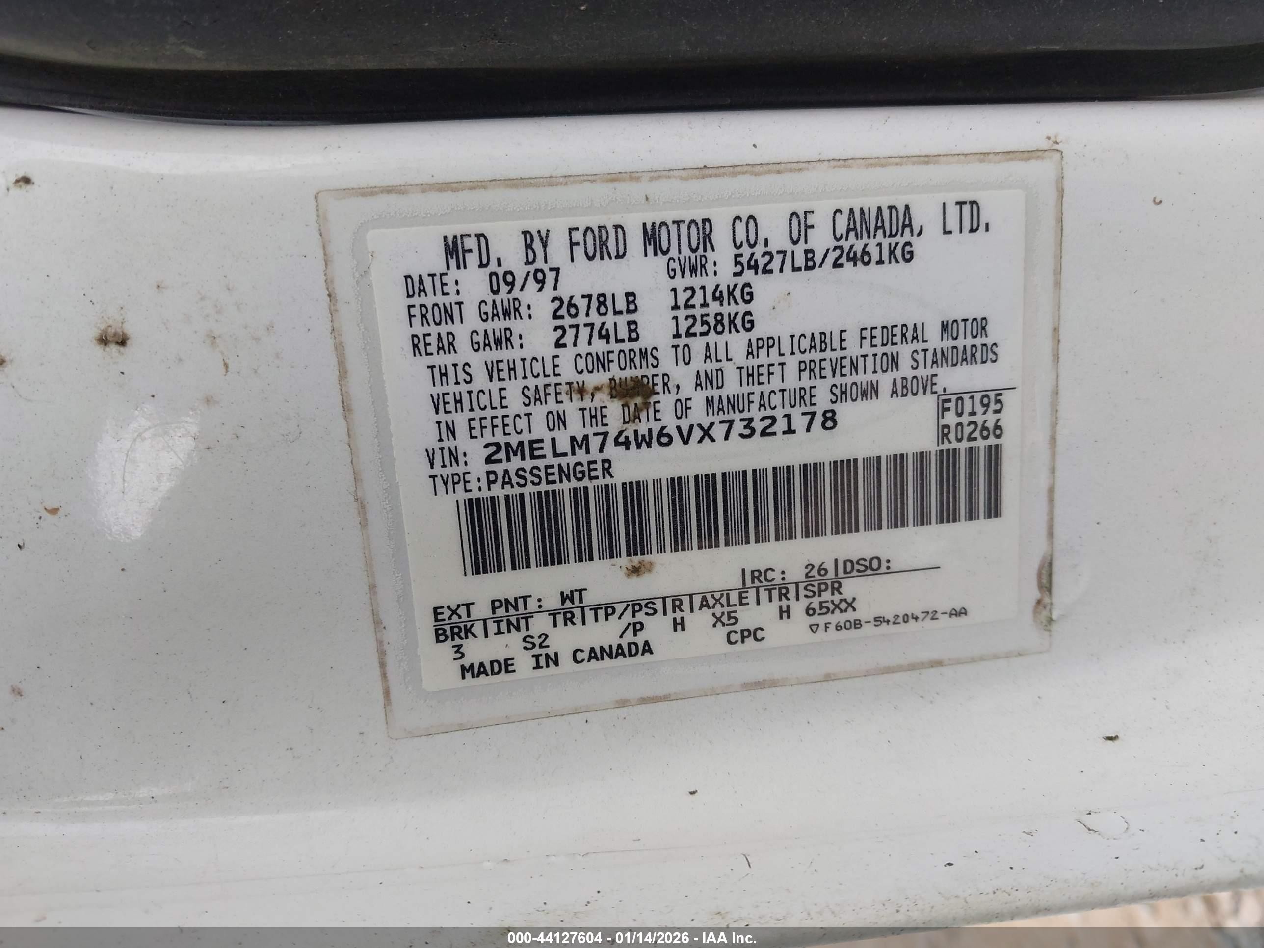 1997 Mercury Grand Marquis Gs White vin: 2MELM74W6VX732178