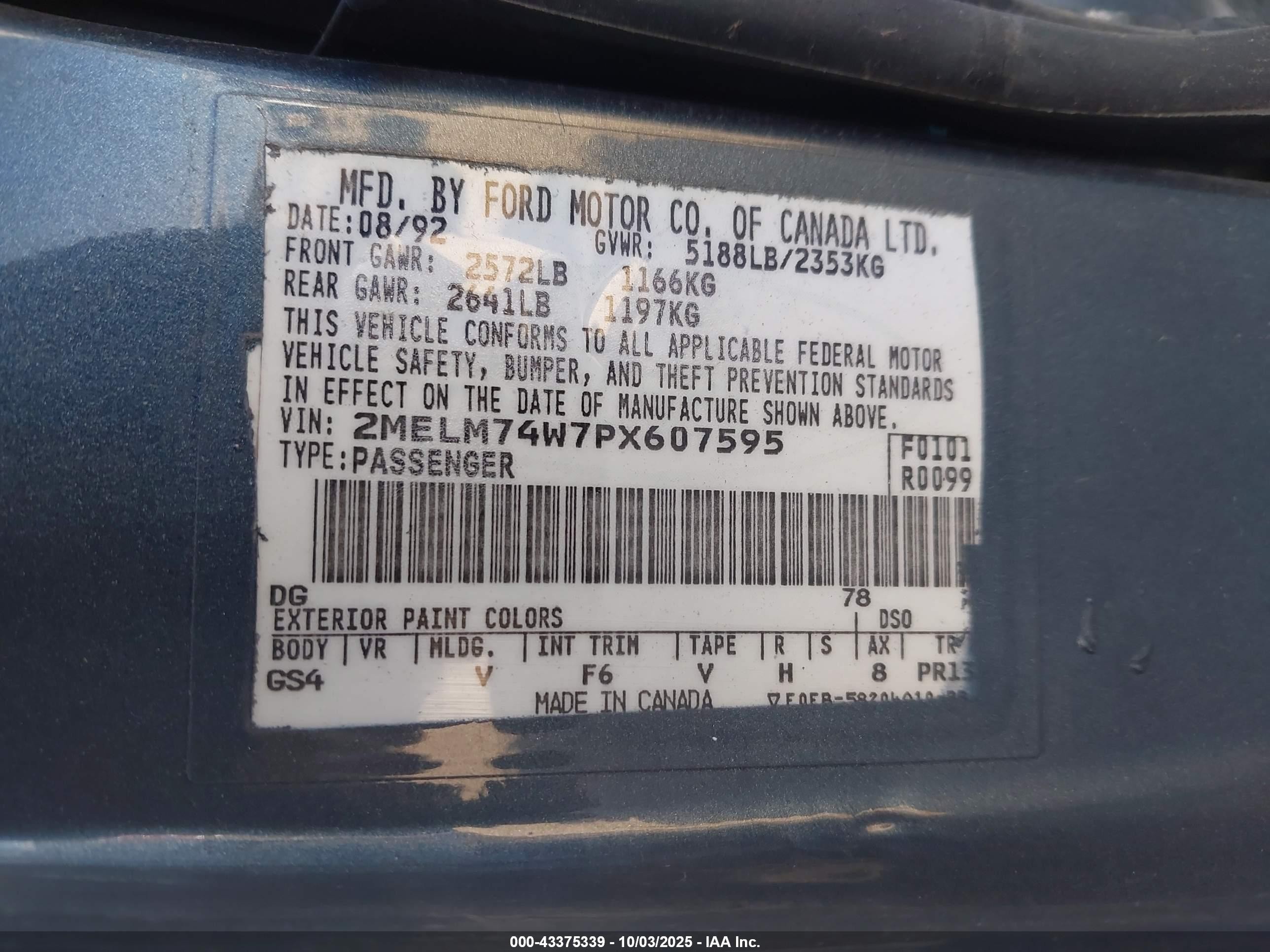 1993 Mercury Grand Marquis Gs Blue vin: 2MELM74W7PX607595