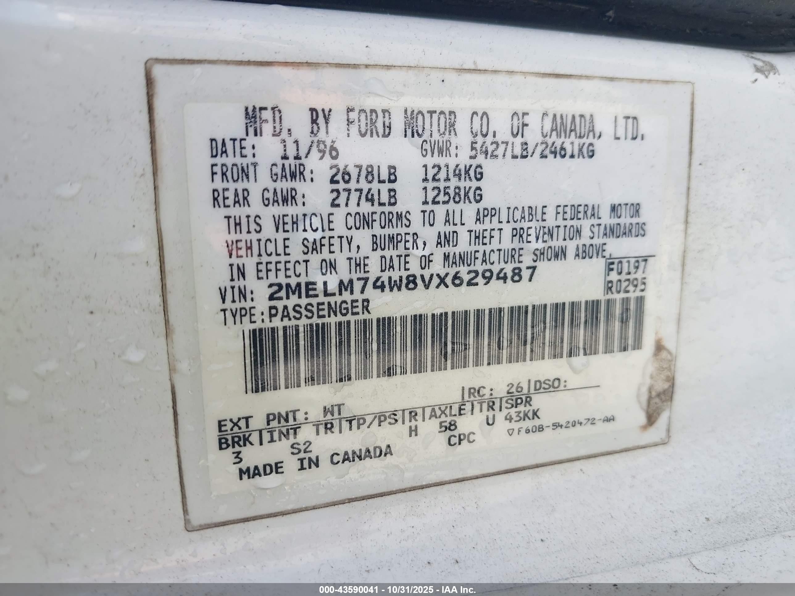 1997 Mercury Grand Marquis Gs White vin: 2MELM74W8VX629487