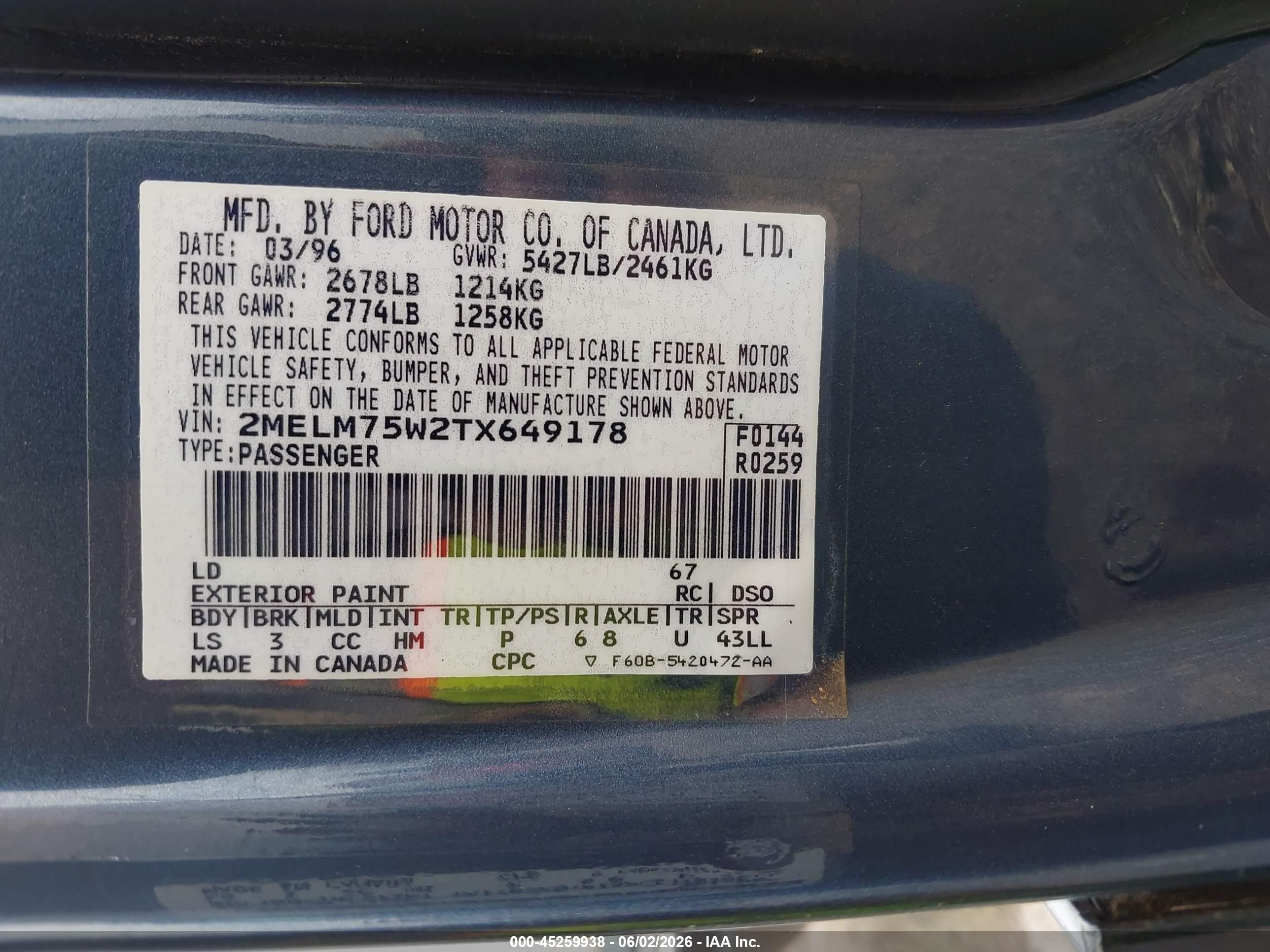 1996 Mercury Grand Marquis Ls/bayshore Blue vin: 2MELM75W2TX649178