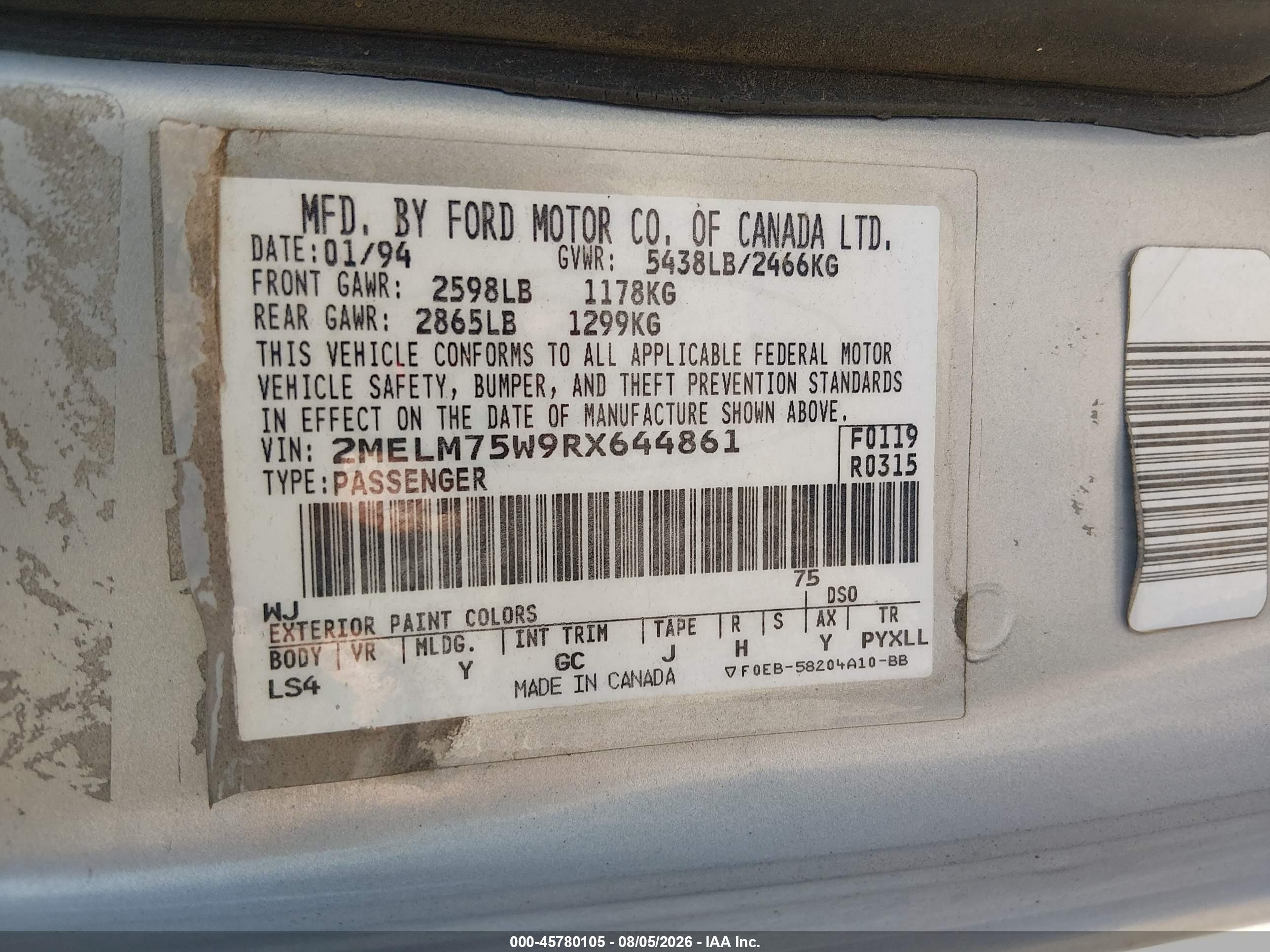 1994 Mercury Grand Marquis Ls Серебряный vin: 2MELM75W9RX644861