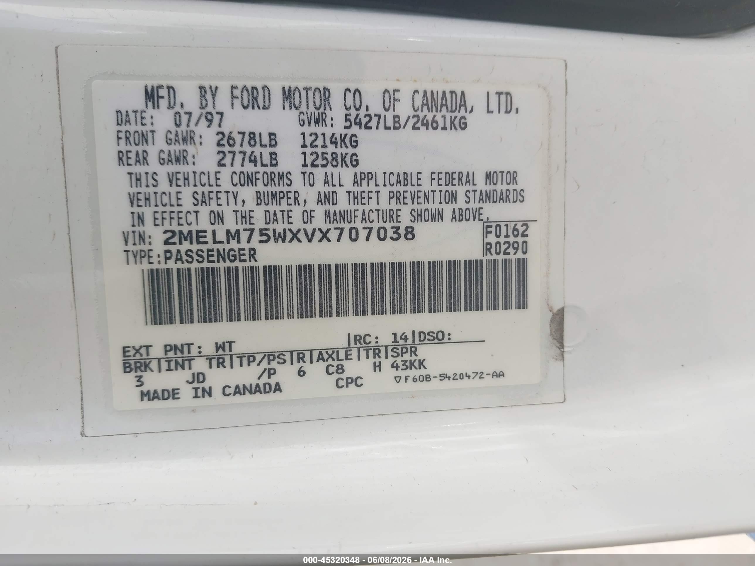 1997 Mercury Grand Marquis Ls White vin: 2MELM75WXVX707038