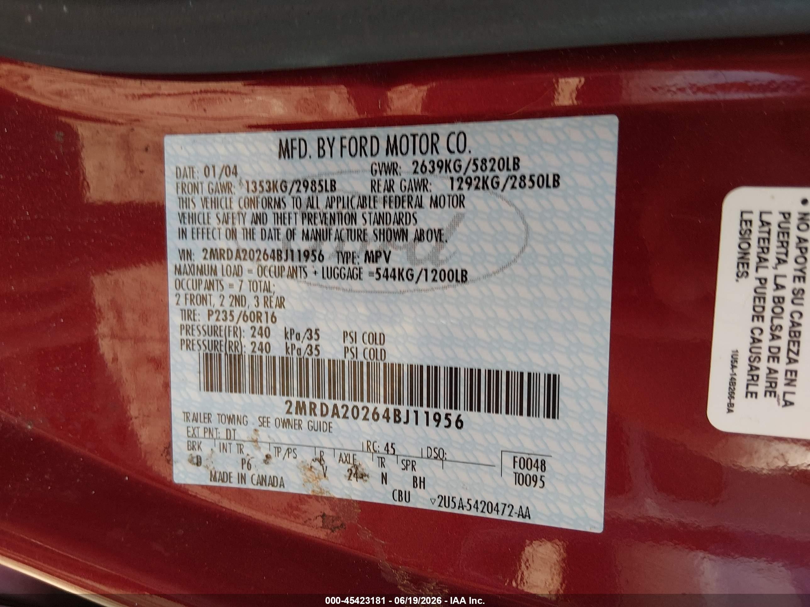 2004 Mercury Monterey   Red vin: 2MRDA20264BJ11956
