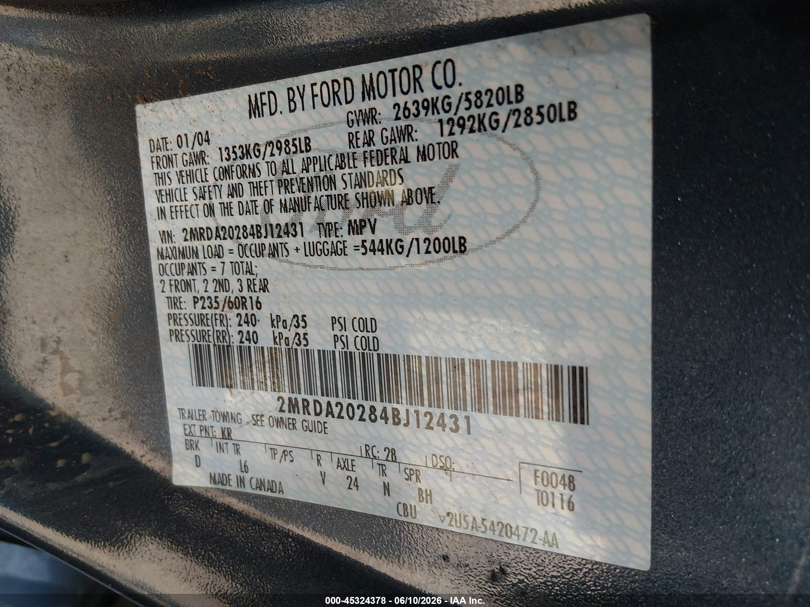2004 Mercury Monterey   Blue vin: 2MRDA20284BJ12431