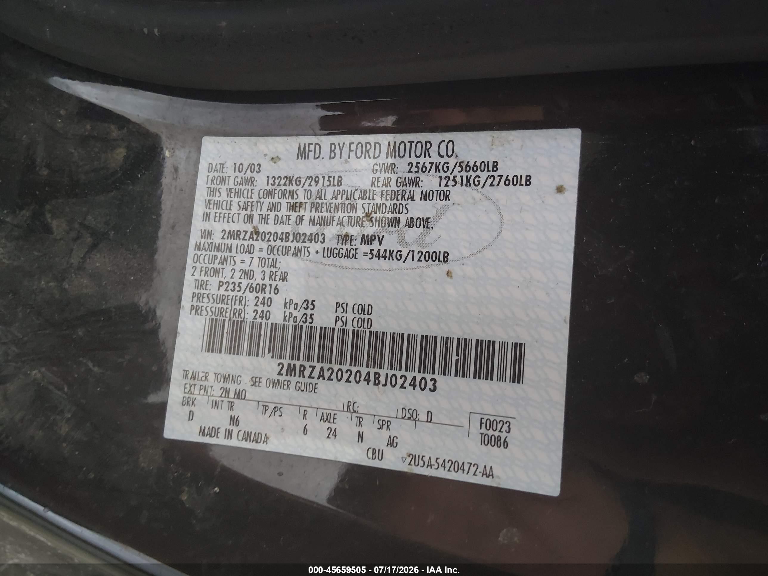 2004 Mercury Monterey   Black vin: 2MRZA20204BJ02403