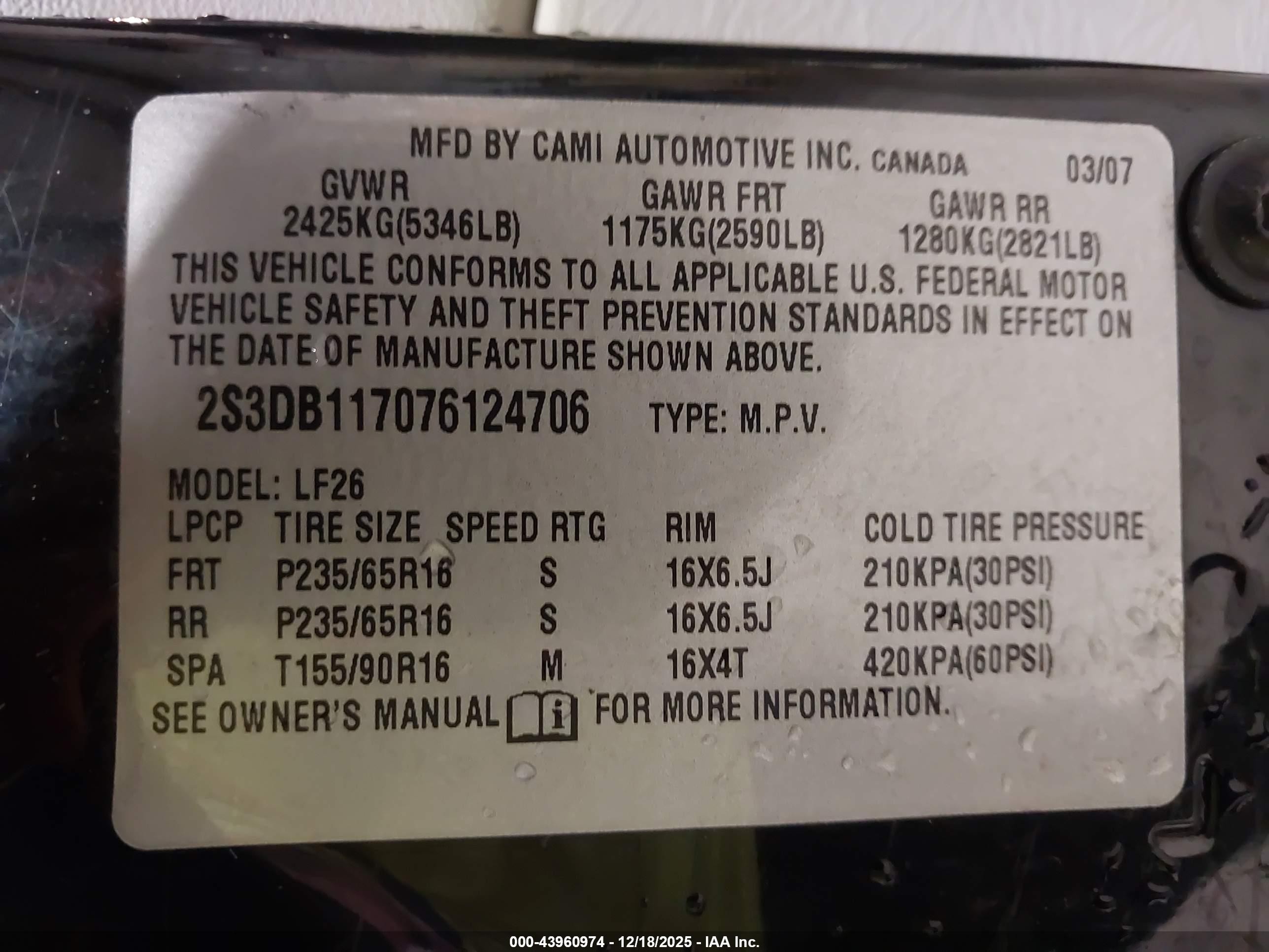 2007 Suzuki Xl7   Black vin: 2S3DB117076124706