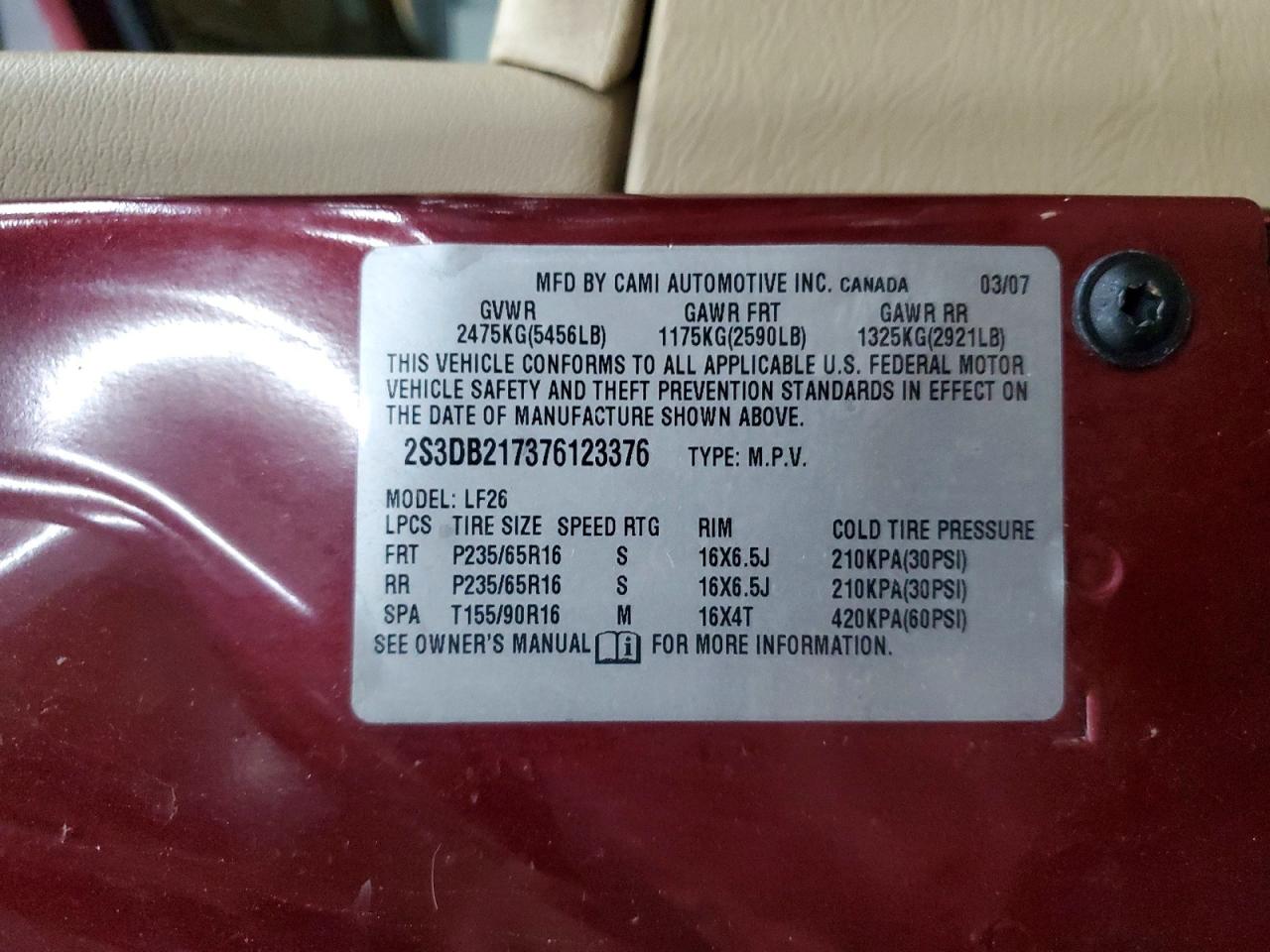 2007 Suzuki Xl7 Burgundy vin: 2S3DB217376123376