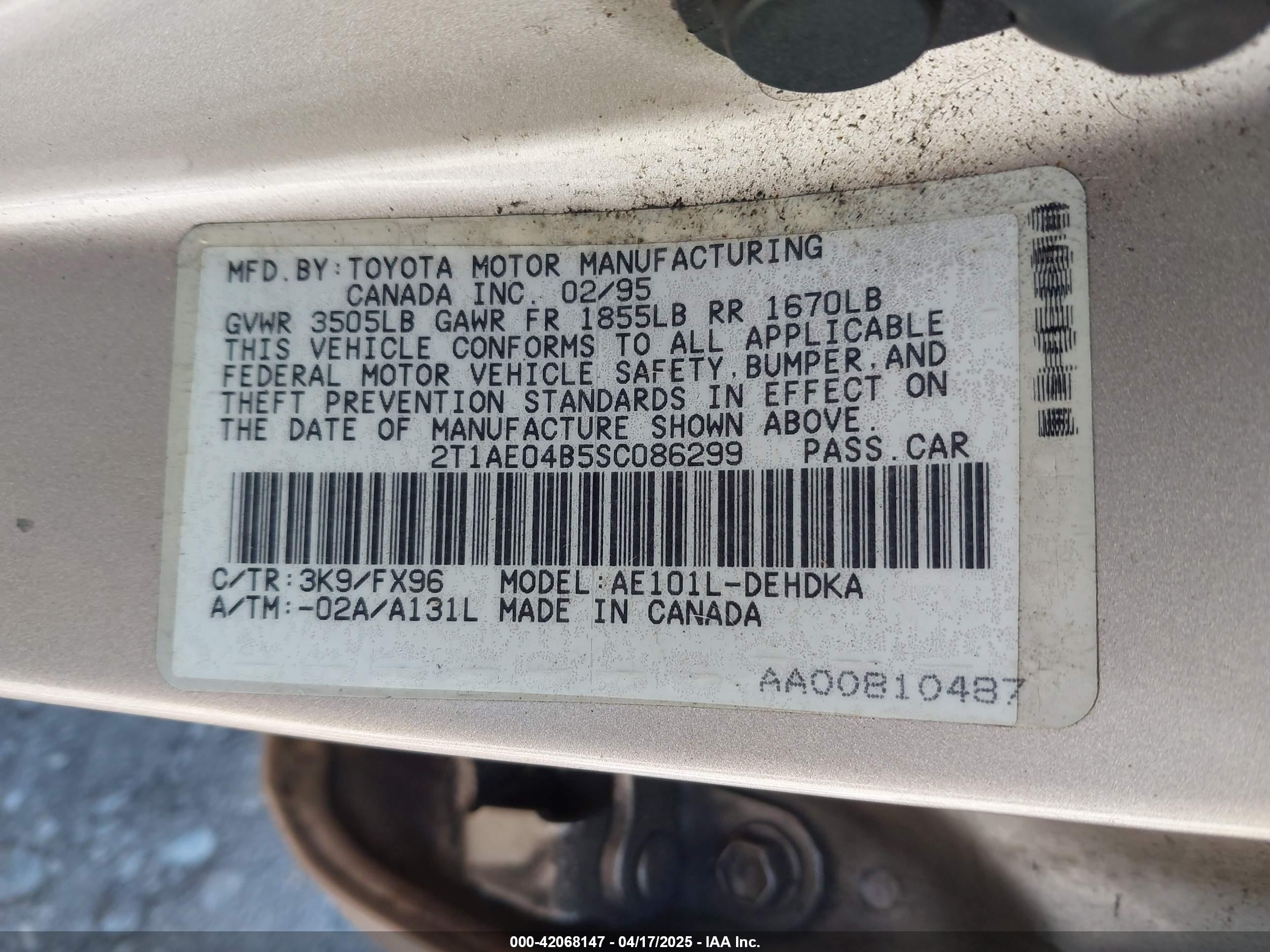 1995 Toyota Corolla   Tan vin: 2T1AE04B5SC086299