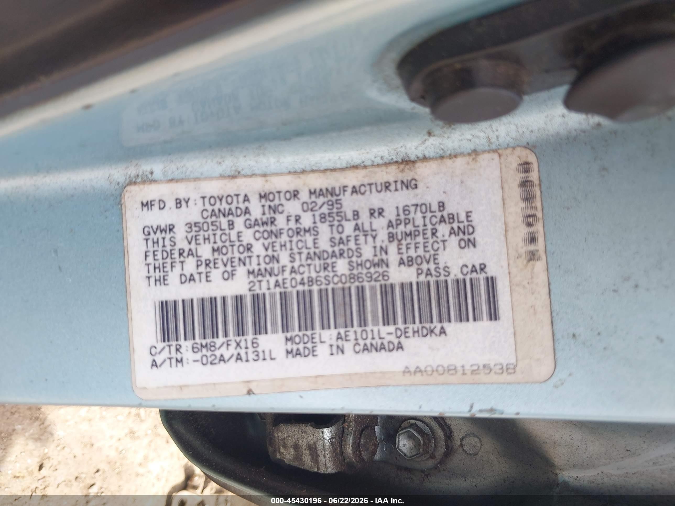 1995 Toyota Corolla   Light Blue vin: 2T1AE04B6SC086926