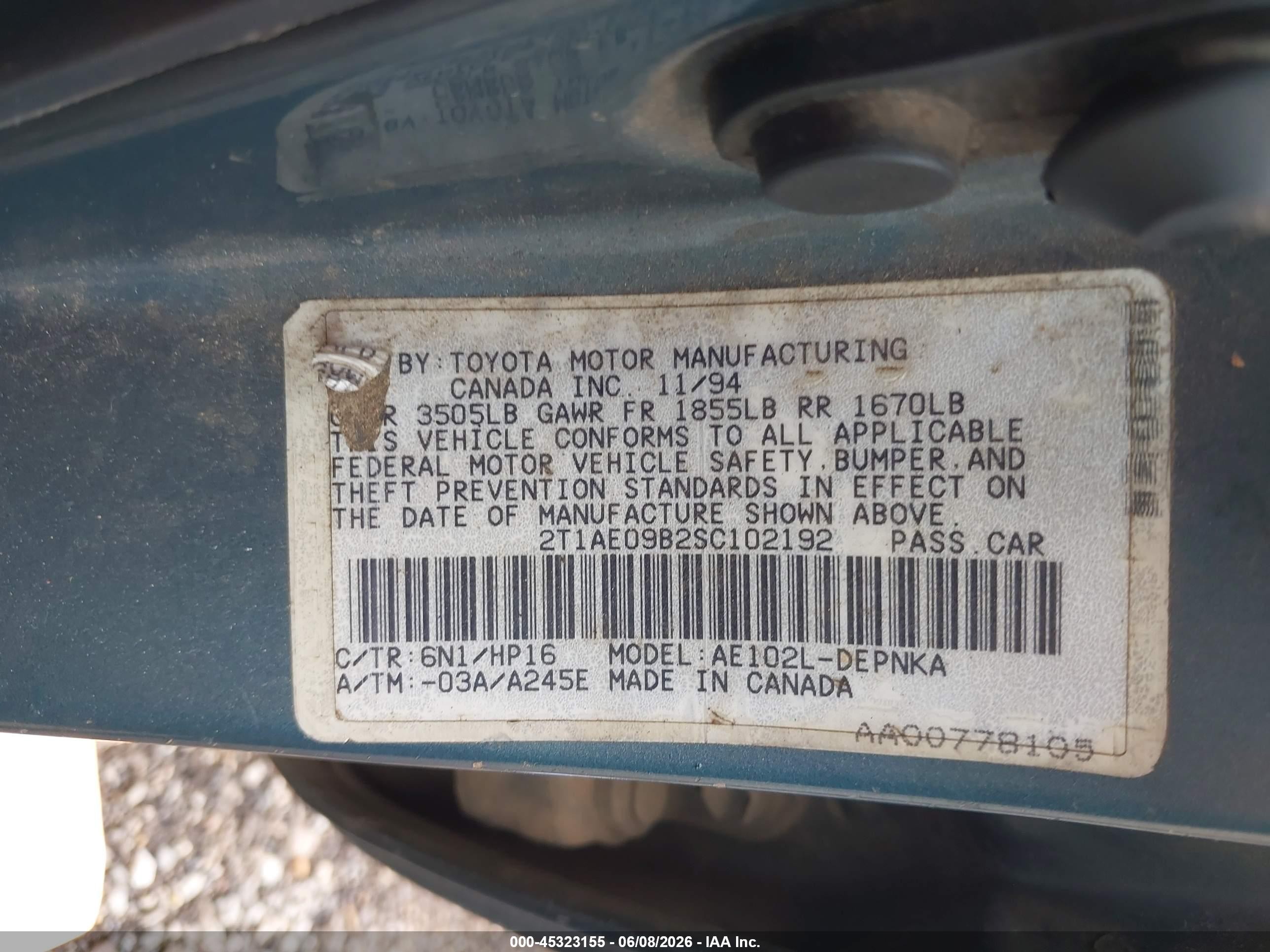 1995 Toyota Corolla Le/dx Blue vin: 2T1AE09B2SC102192