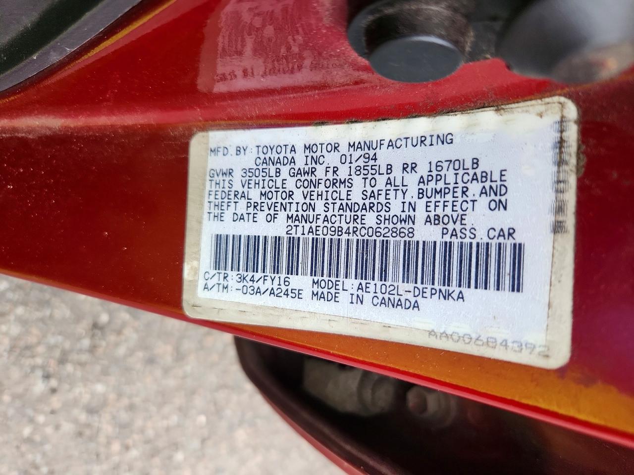 1994 Toyota Corolla Dx Red vin: 2T1AE09B4RC062868
