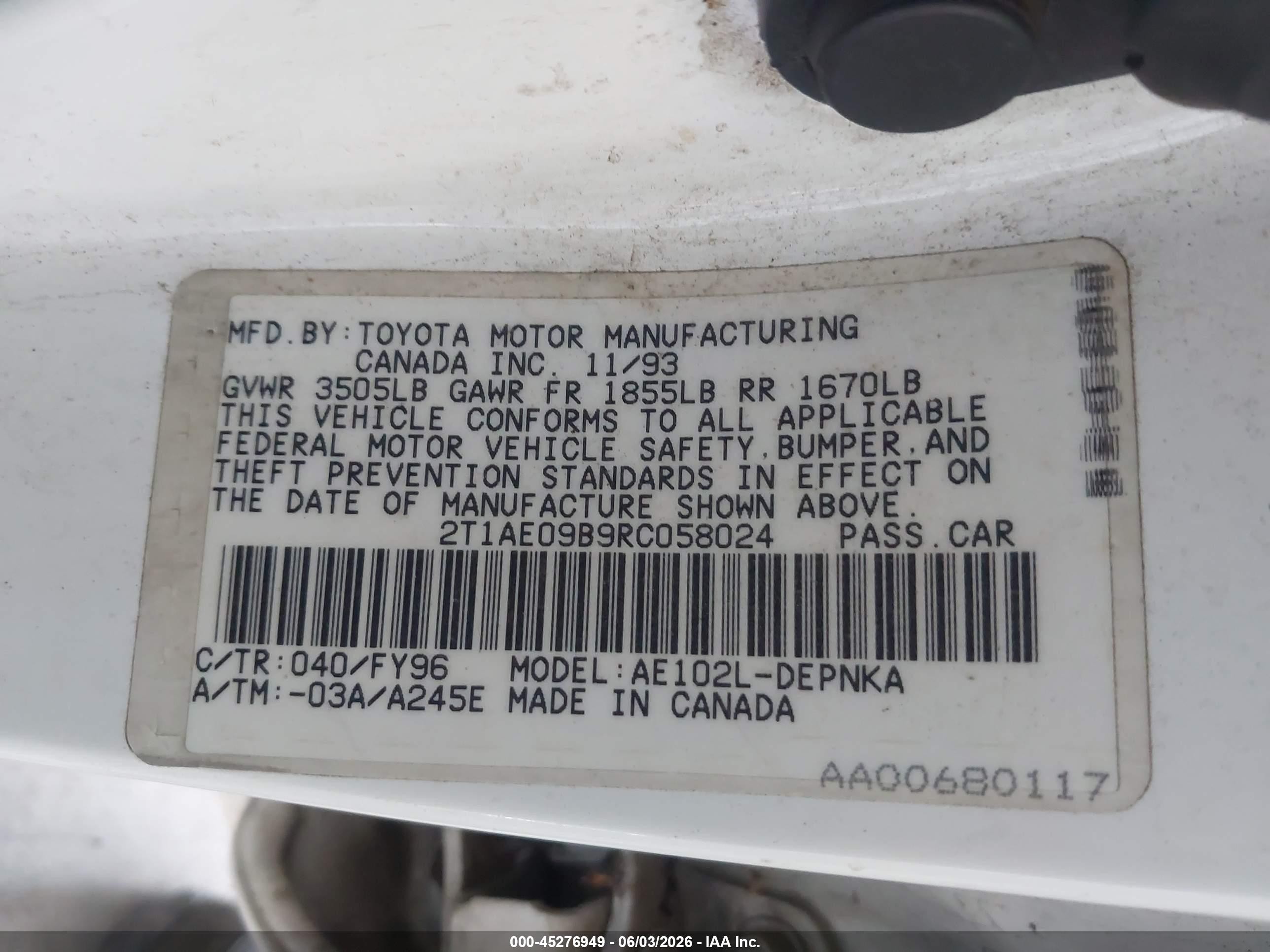 1994 Toyota Corolla Le/dx White vin: 2T1AE09B9RC058024